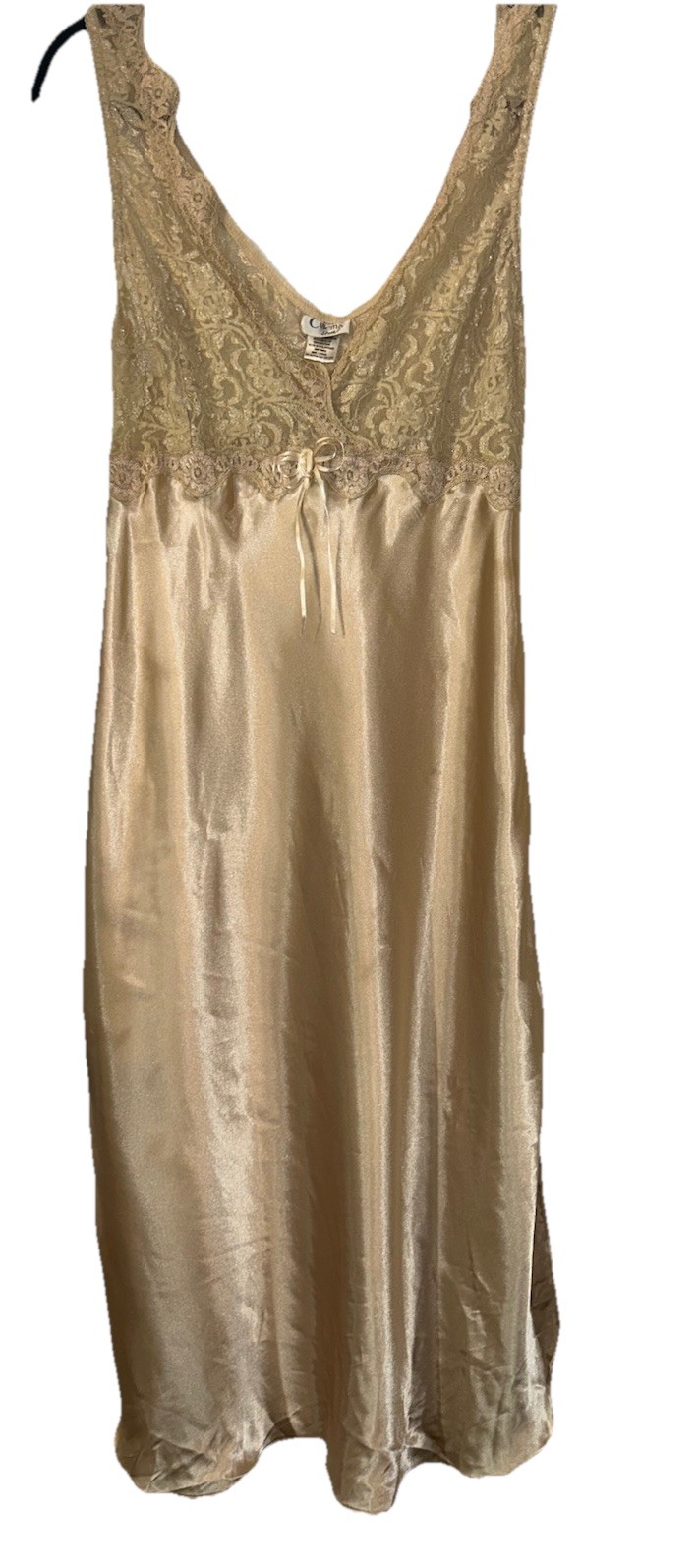 Vintage Cinema Etoile Satin Lace Nightgown Chemise Champagne Gold Slip Large