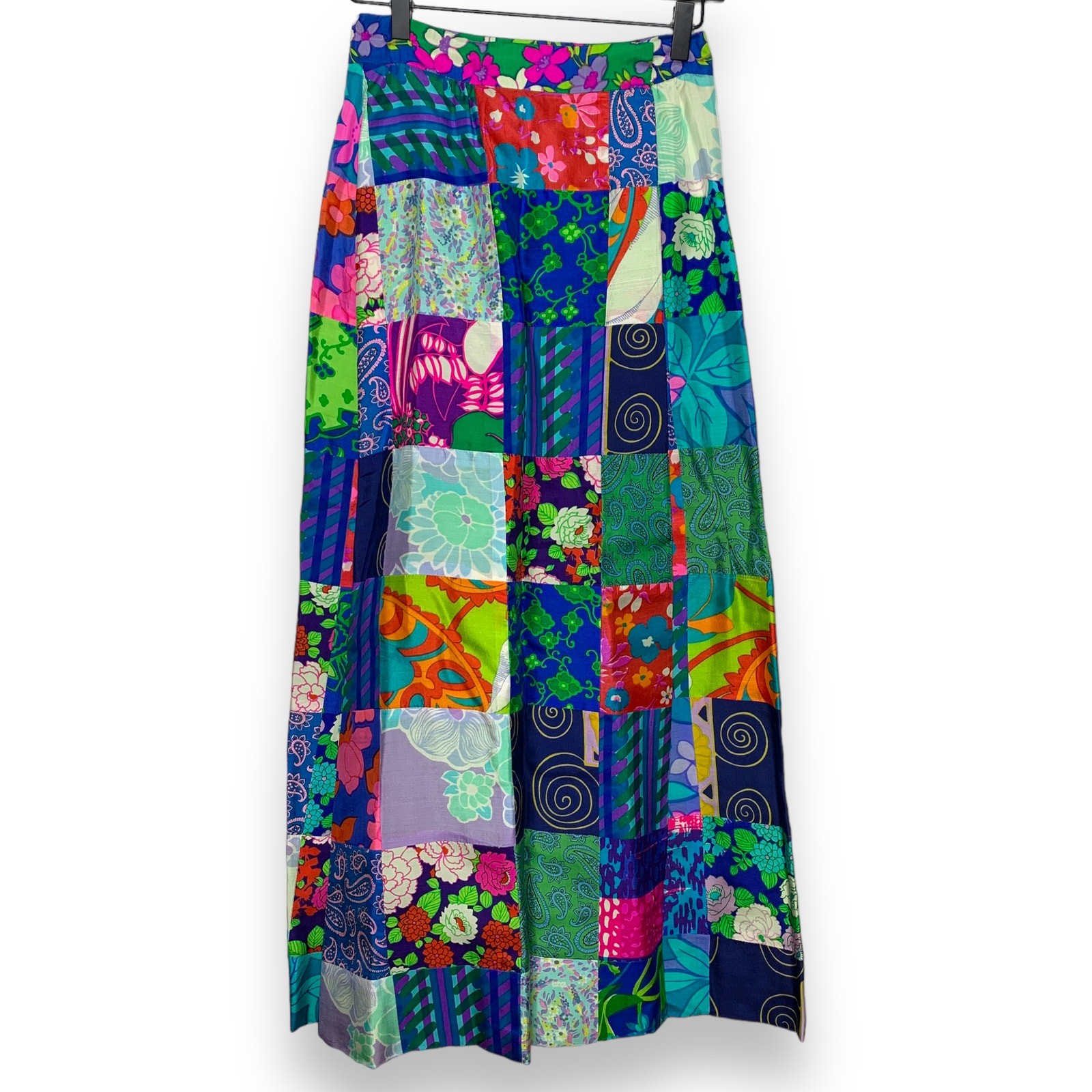 Vintage 60s Womens XS US 4 Bohemian Boho Silk Patchwork Wrap Style Maxi Skirt