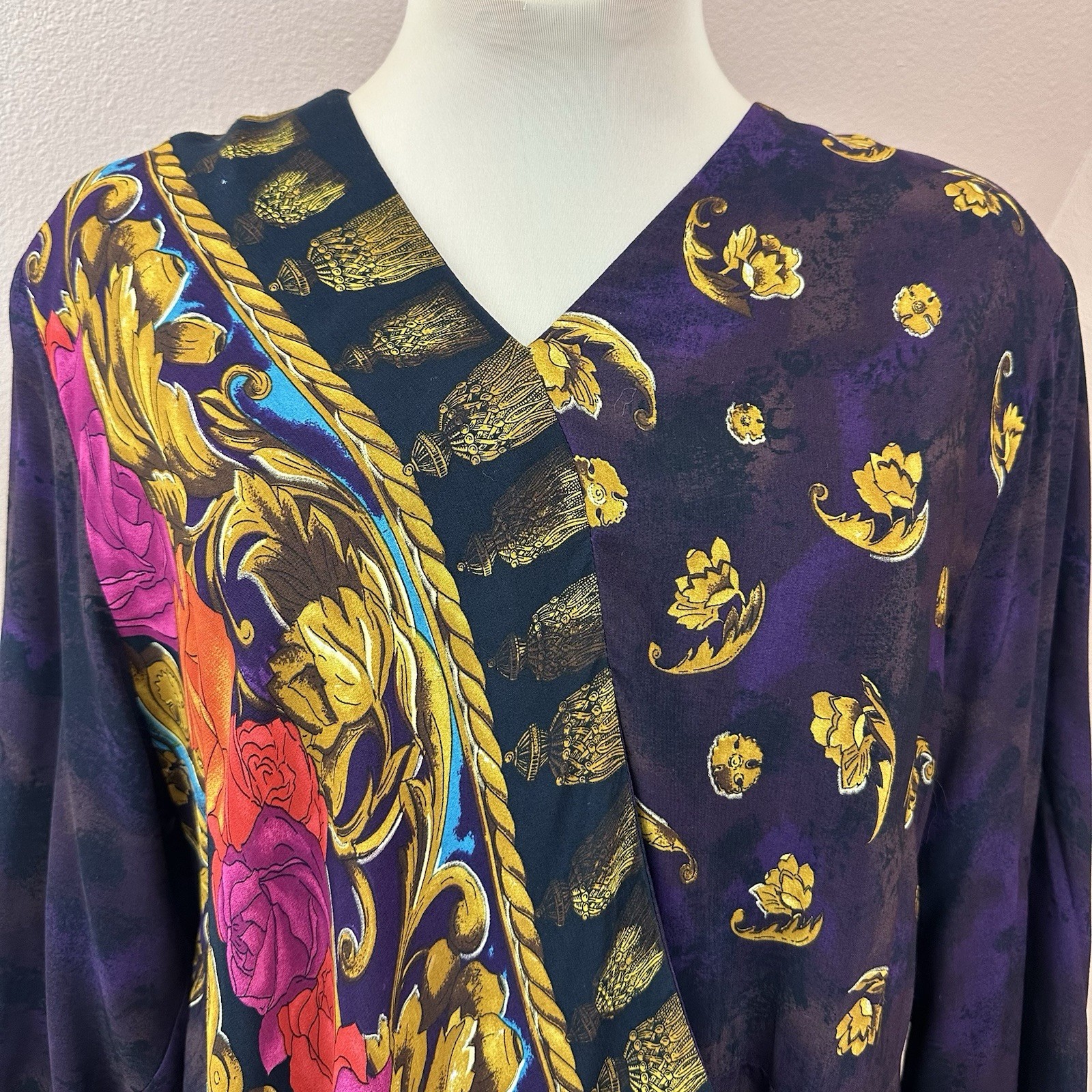 VTG Carole Little Rayon Wrap Kimono Jacket Womens 16 Baroque Floral Art To Wear
