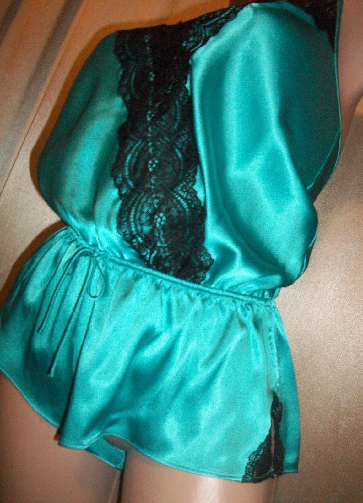 Vtg Victoria’s Secret Green Black Lace Satin Teddy Lingerie S