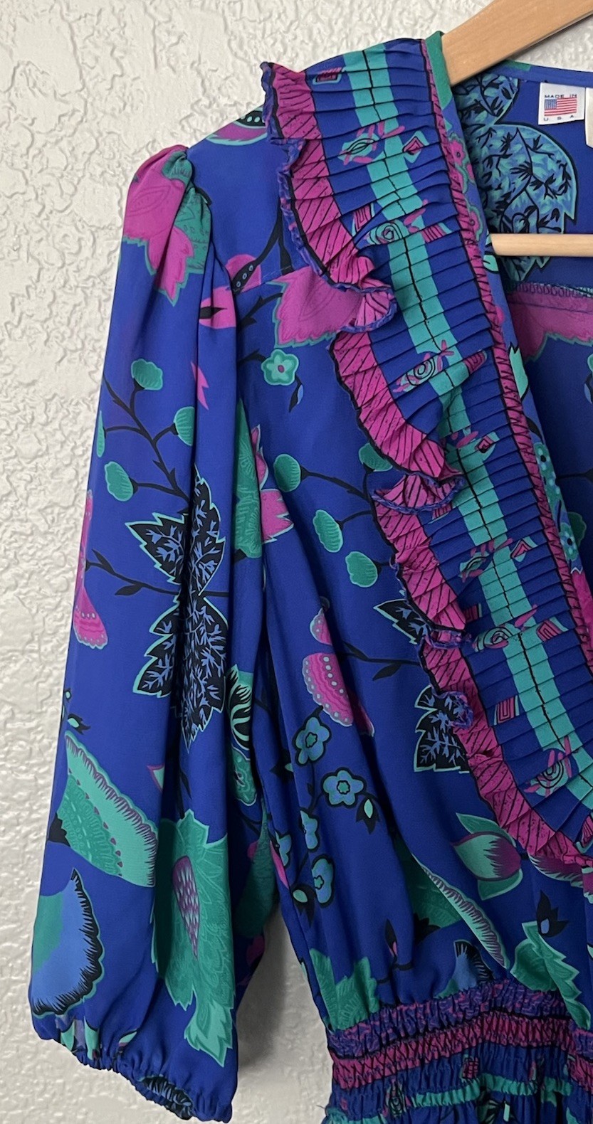Vintage Assorti Susan Freis Ruffle Neck Blue Floral Pleated Midi Dress Size S
