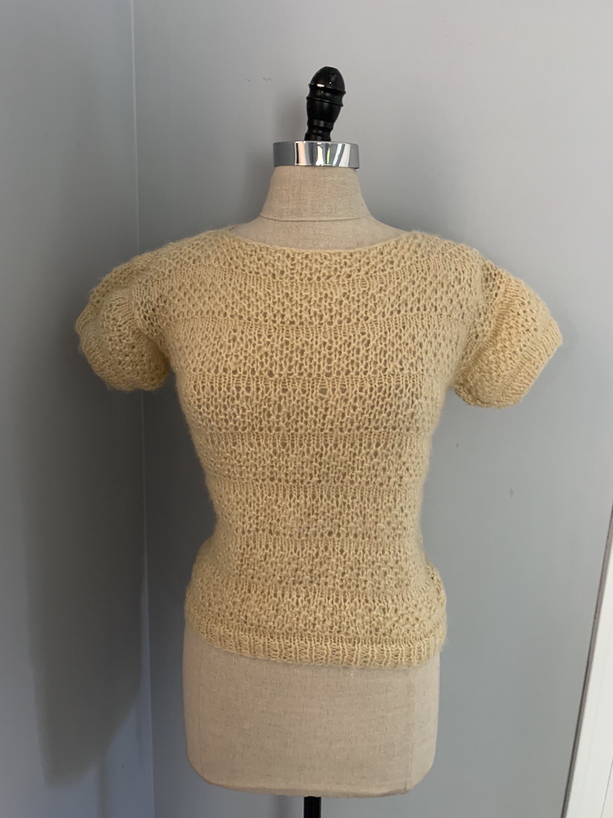 Vintage 50s Adorable Puff Ball Knit Sweater Fuzzy Crochet Coquette Sweet Boho ML