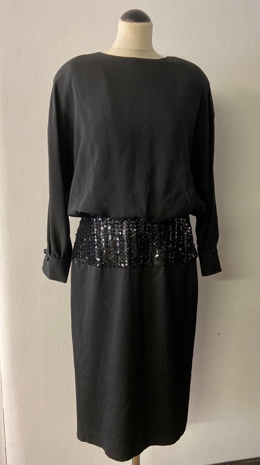 Womens Ladies Vintage Dress | Classic Dinner Dress | 80s Black Wool with Sequin