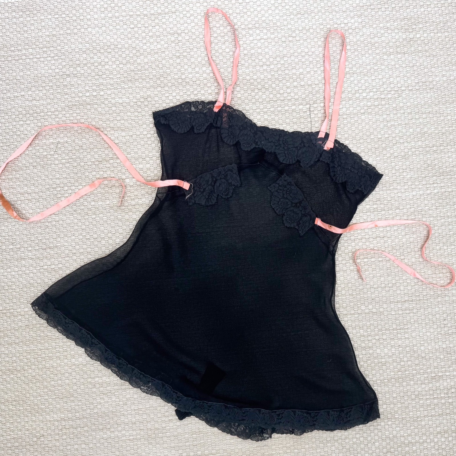 Vintage 1920s Black Silk Chiffon Bias lace Teddy Lingerie Art Deco Pink Ribbon
