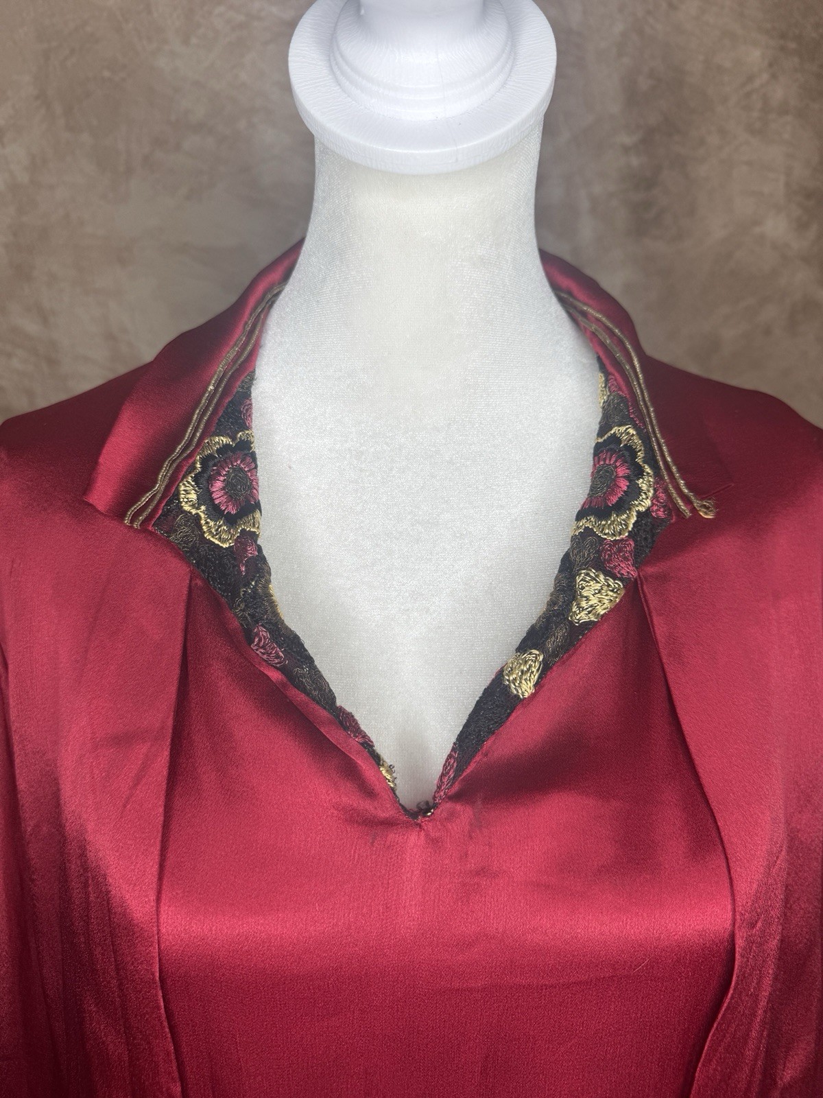 Antique 1910s 1920s Red Satin Dress Embroidered Trim Enamel Buckles Drop Waist