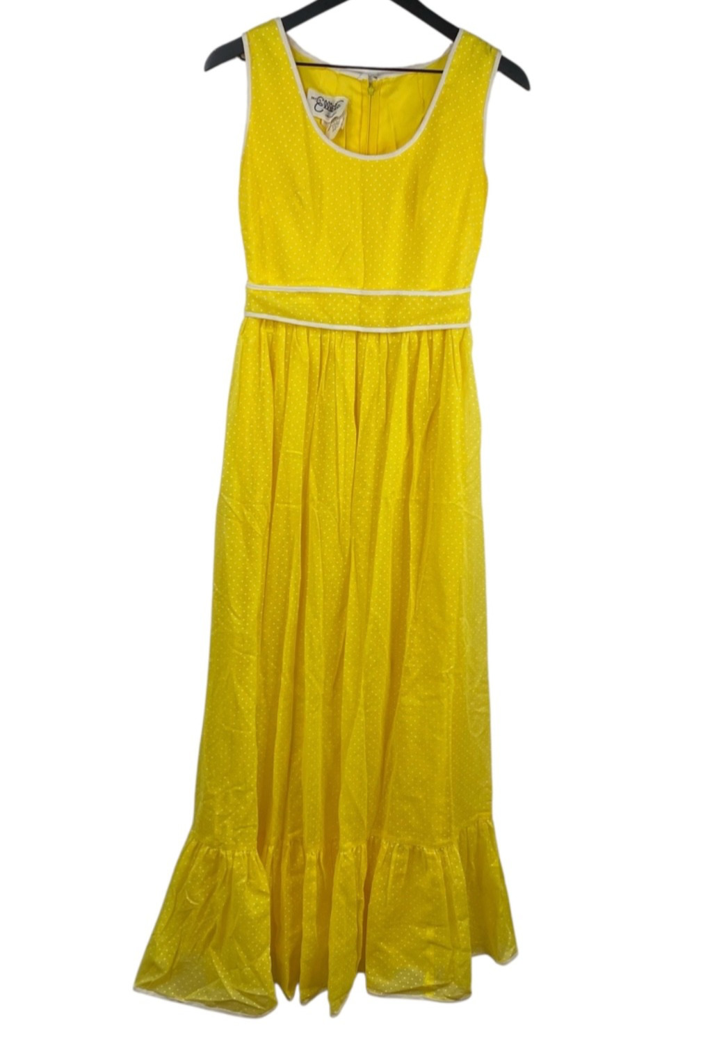 Vintage Miss Elliette Dress Sleeveless Maxi Micro Polka Dot Ruffle Hem Yellow 8