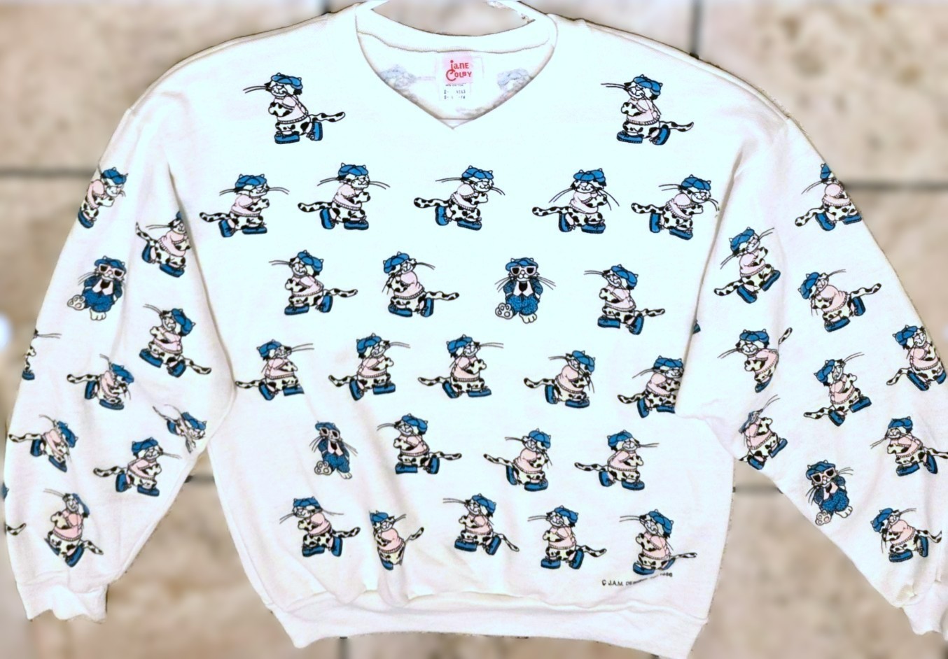 VTG 1986 Jane Colby COOL CATS Sweatshirt L White All Over Print J.A.M. RARE MINT