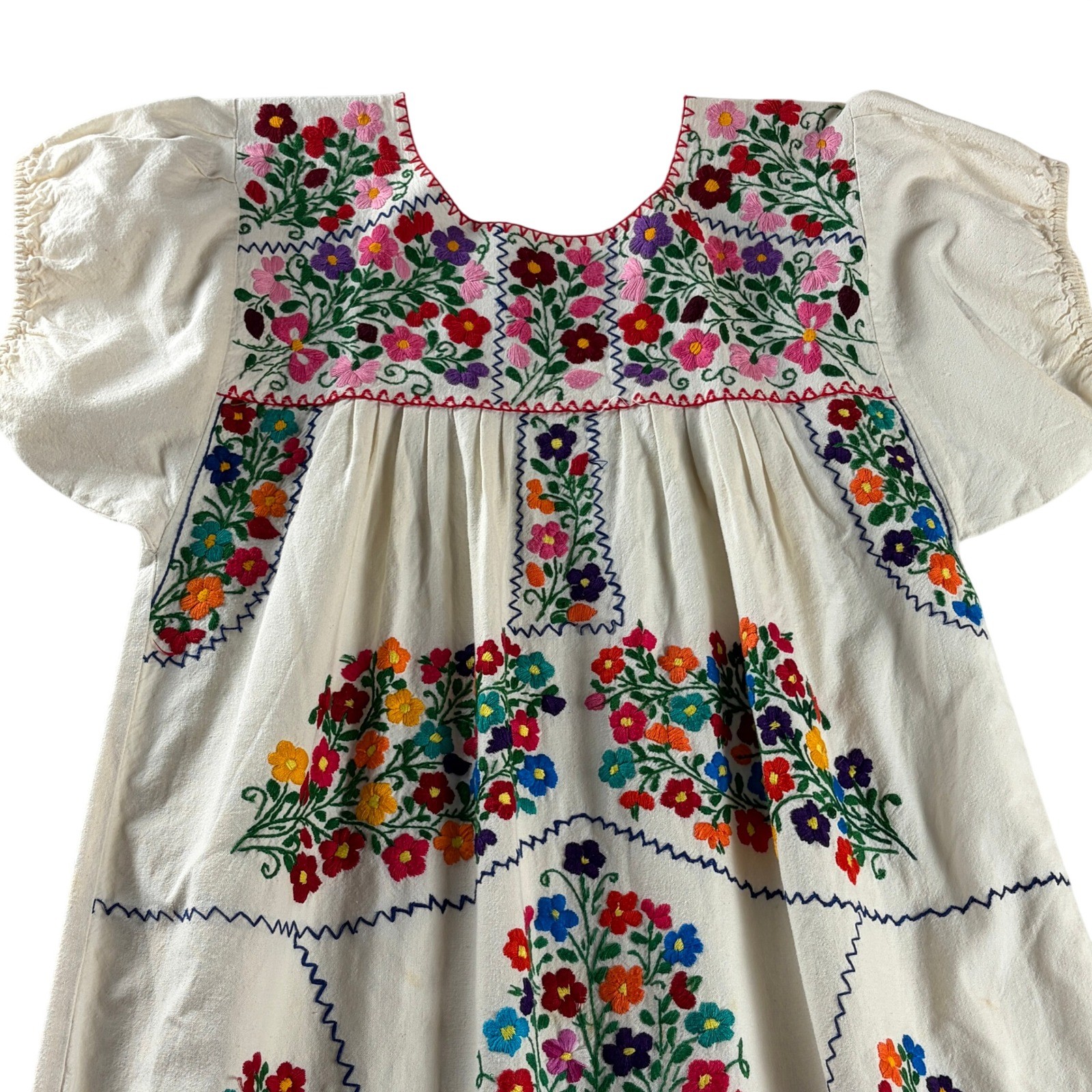 Hand Embroidered Floral Maxi Dress Ivory Boho Folk Art Artisan Peasant