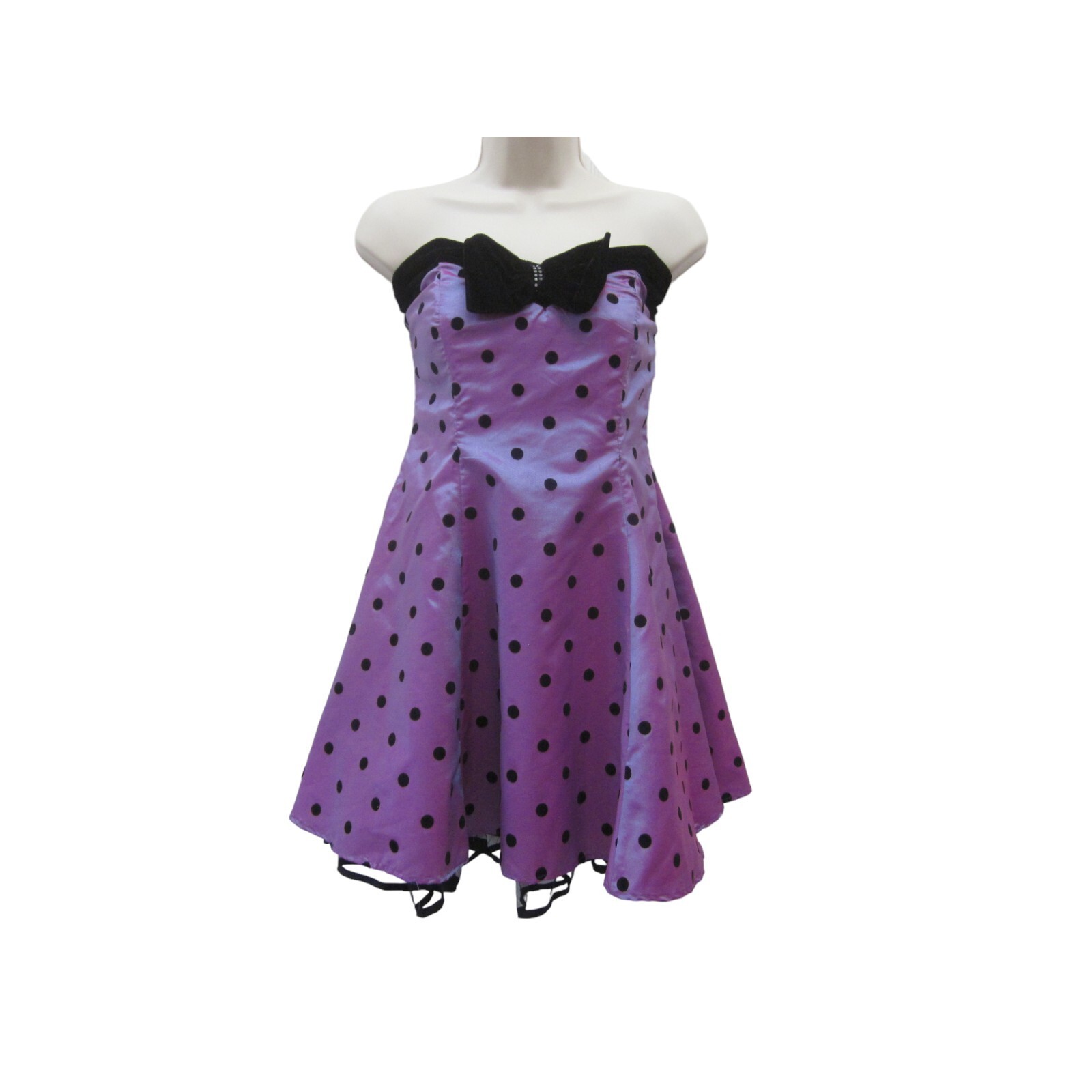 VTG NOTORIOUS Purple w/ Black Flocked Polka Dots Strapless Party Dress Sz 7