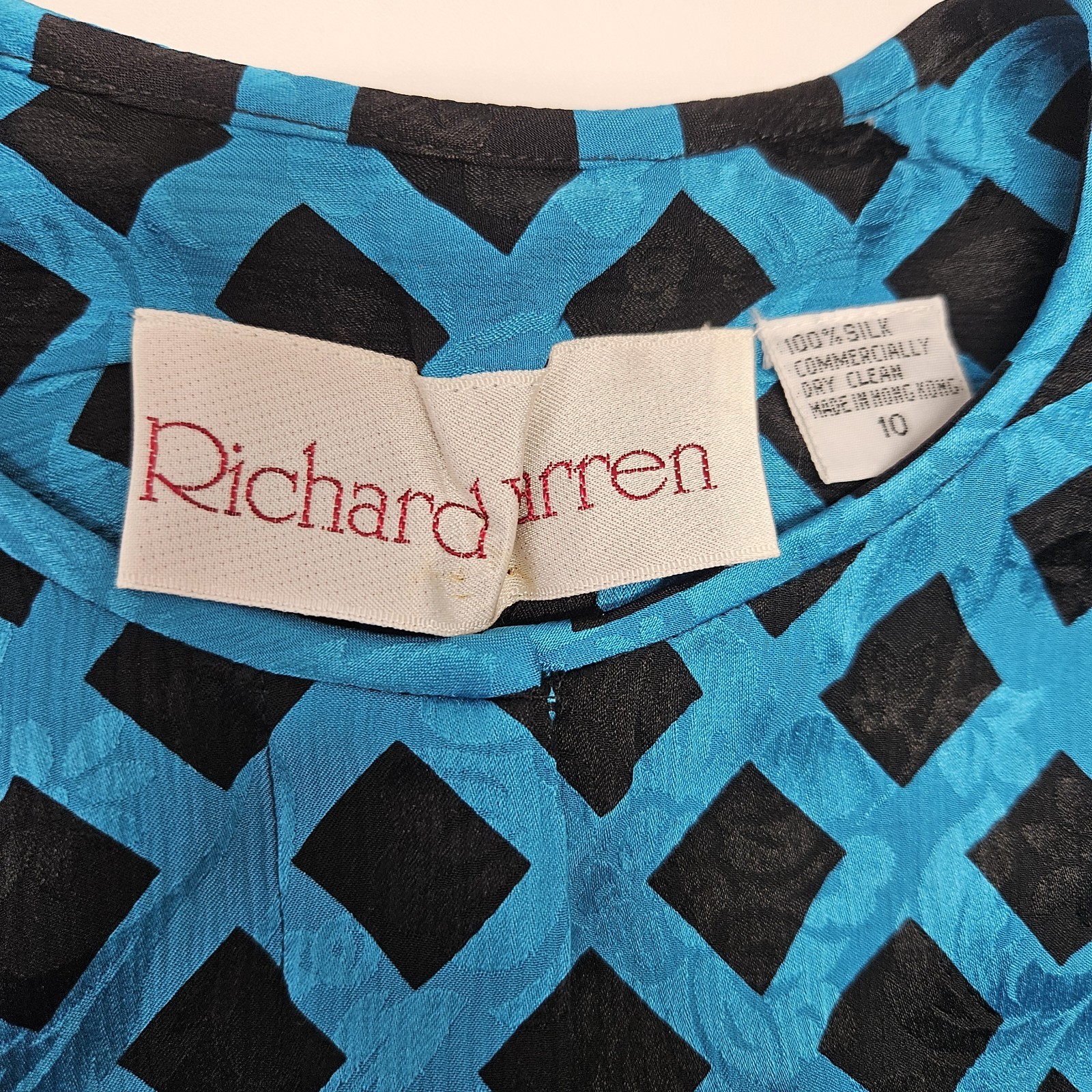 NWT Vtg 80s 100% Silk Jacquard Puff Sleeve Check Top w Scarf Blue Black Sz 10