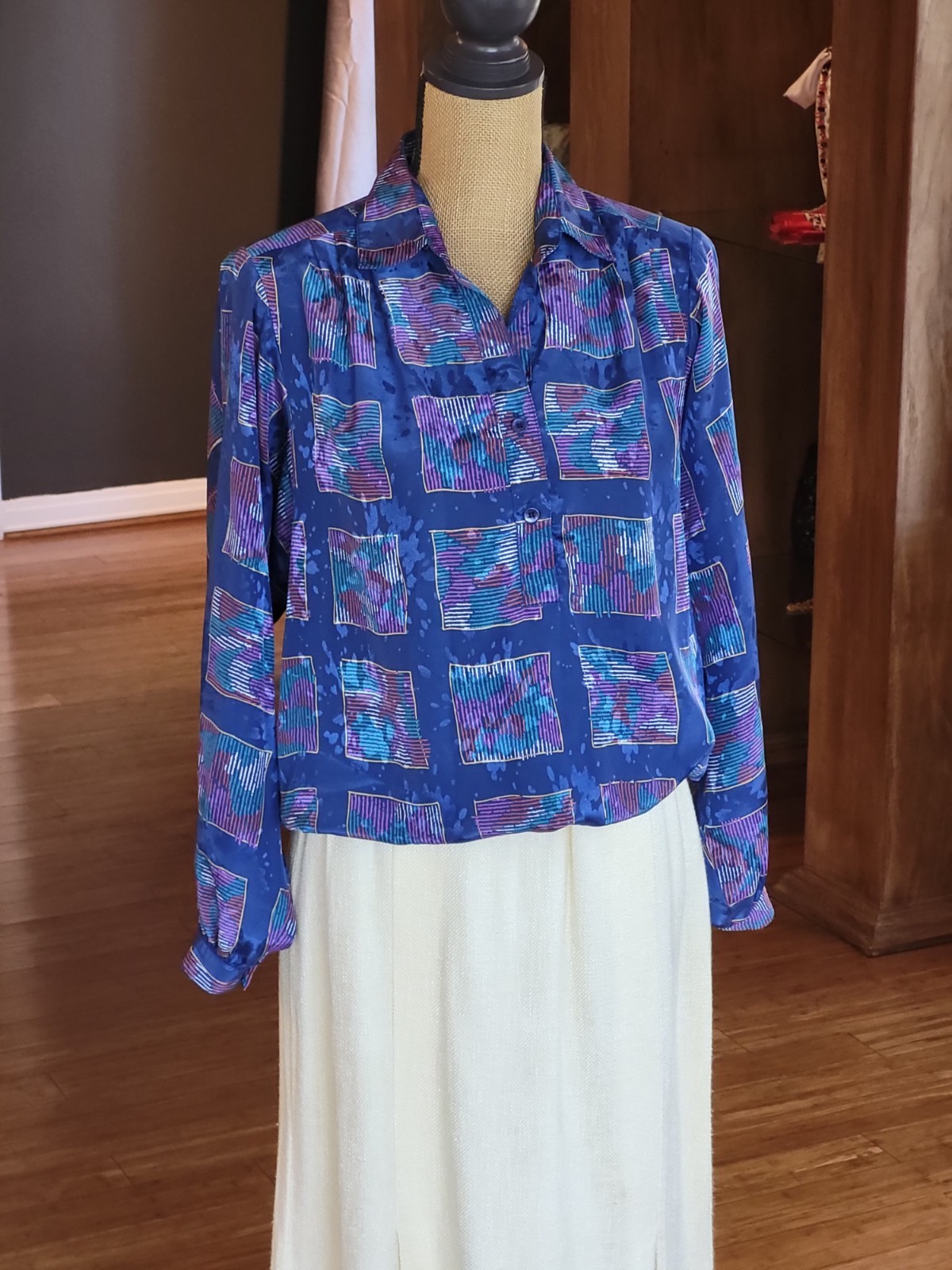 Da Rue Of California Vintage Blue Polyester Geometric Design Blouse Large