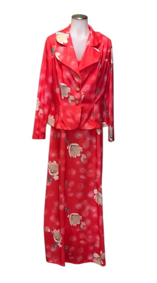 Vtg 70s Maxi Dress W/Matching Jacket~Big Flower & Swirl Pattern~MCM Set