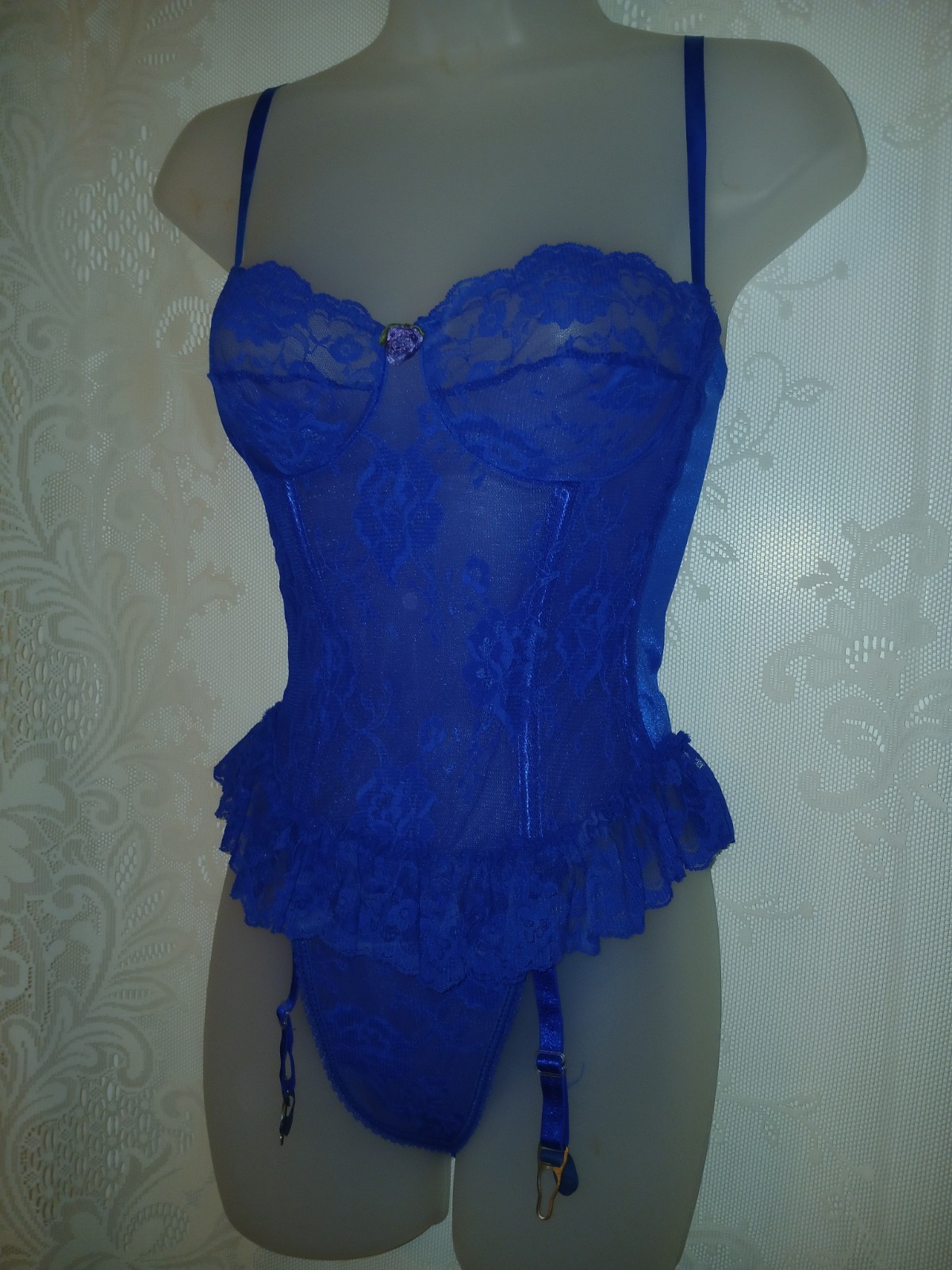 Vintage Shirley Of Hollywood Blue Floral Lace Hi-Cut Teddy Lingerie Garters M