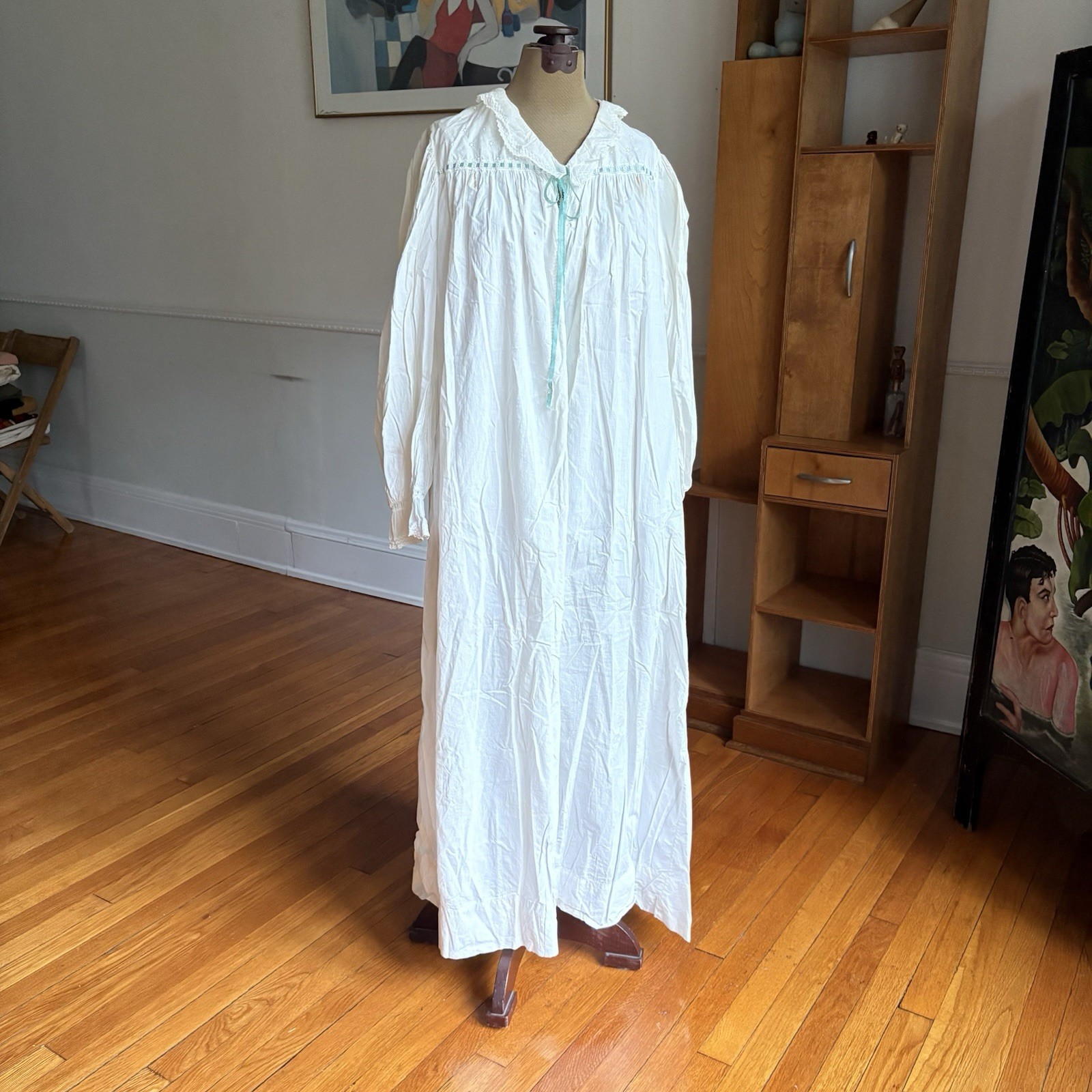 Vintage Antique White Cotton Nightgown Ribbon Detail Lace As Is Worn Full Length