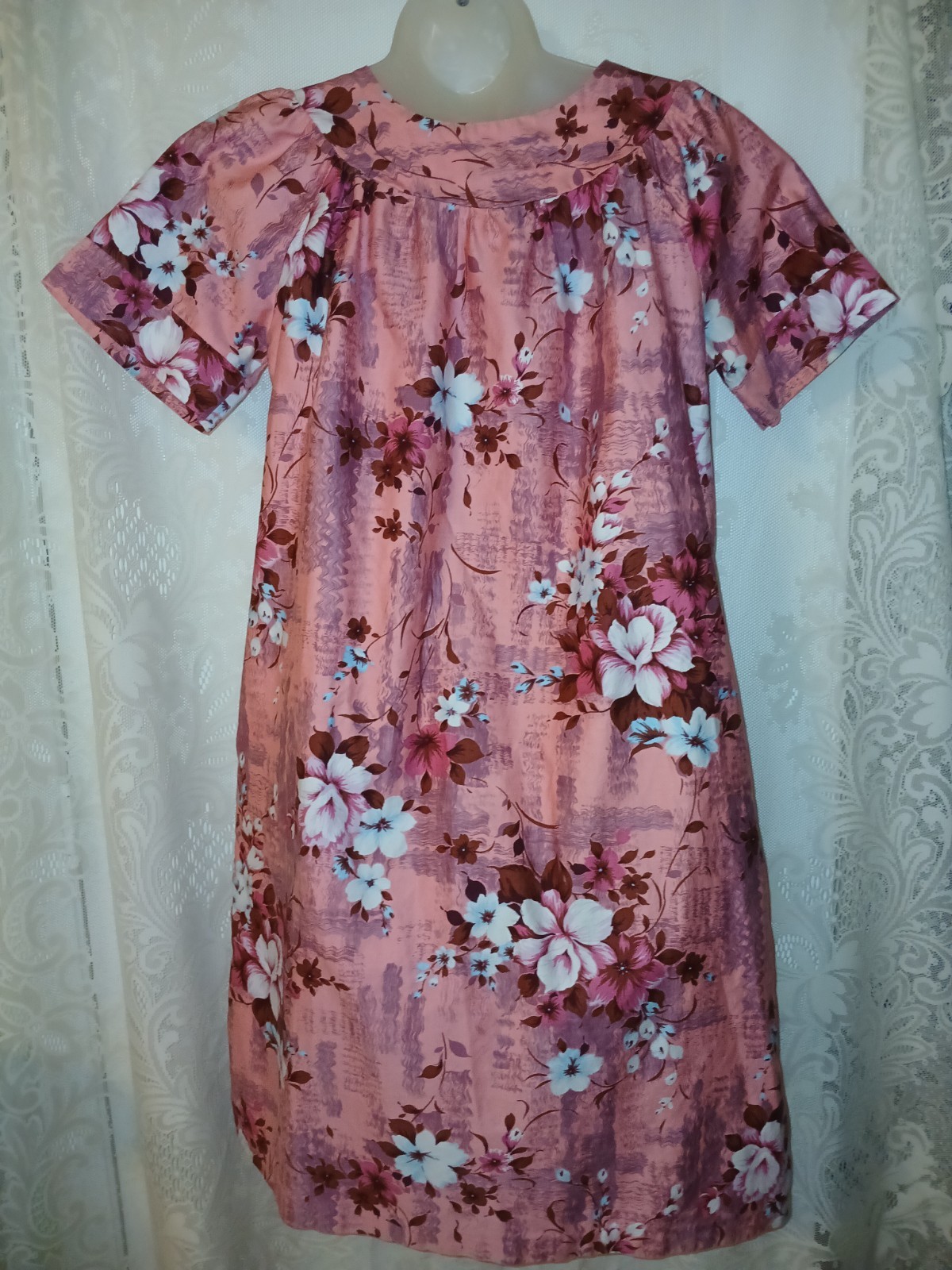 Vintage 70s Sears Hawaiian Pink Floral Cotton Muumuu Caftan Tiki Oasis Dress S