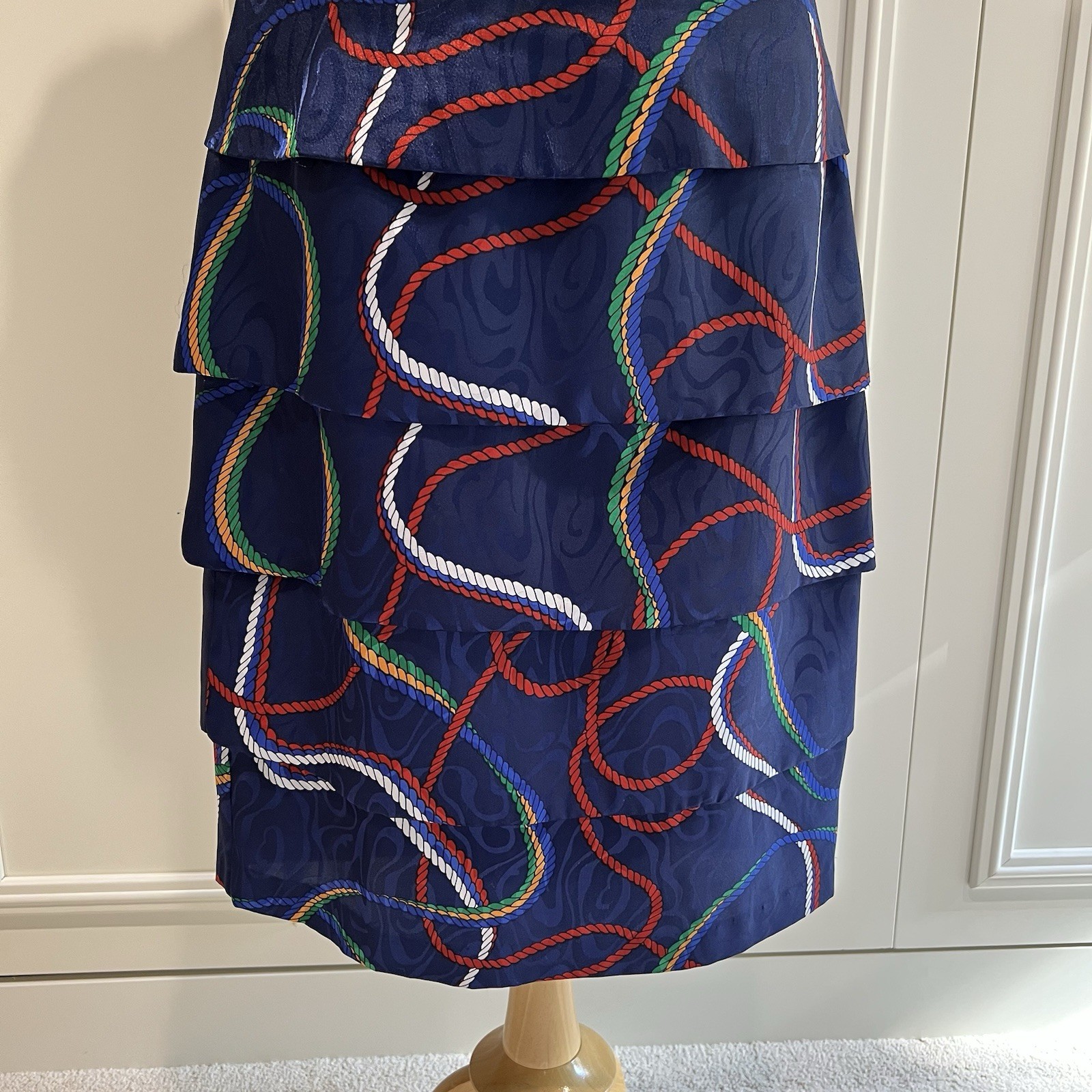Vintage Sabino Women’s Dress Size 8 Navy Rope Print Tiered Nautical 80s Designer
