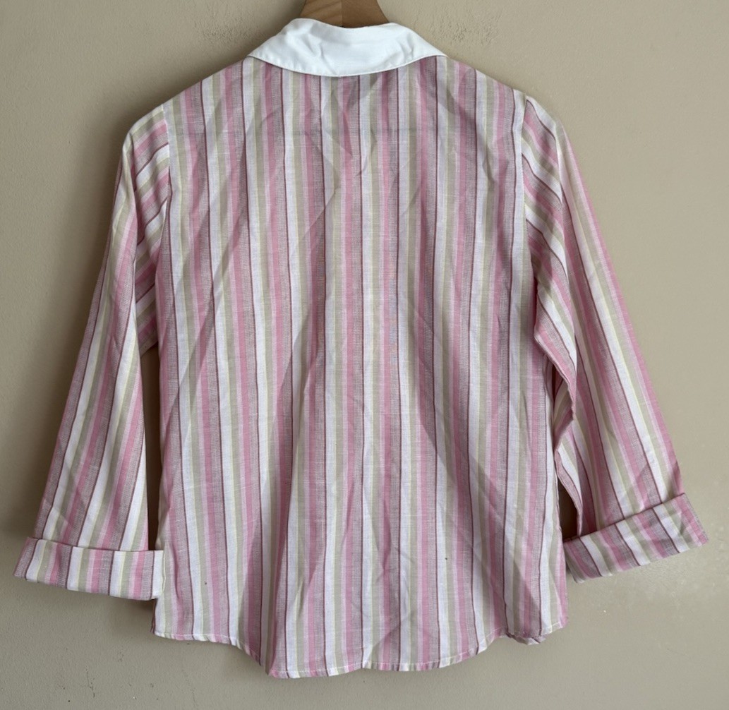 Vintage Blouse Top 70s 80s Striped Popover Cotton Blend Womens Size 10