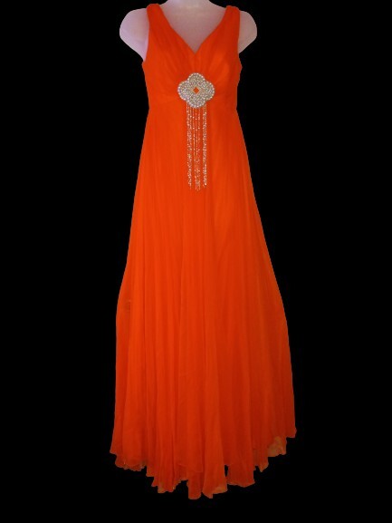 Vintage 60s Mike Benet Orange Sheer Chiffon Gown Dress Formal Beaded Applique S