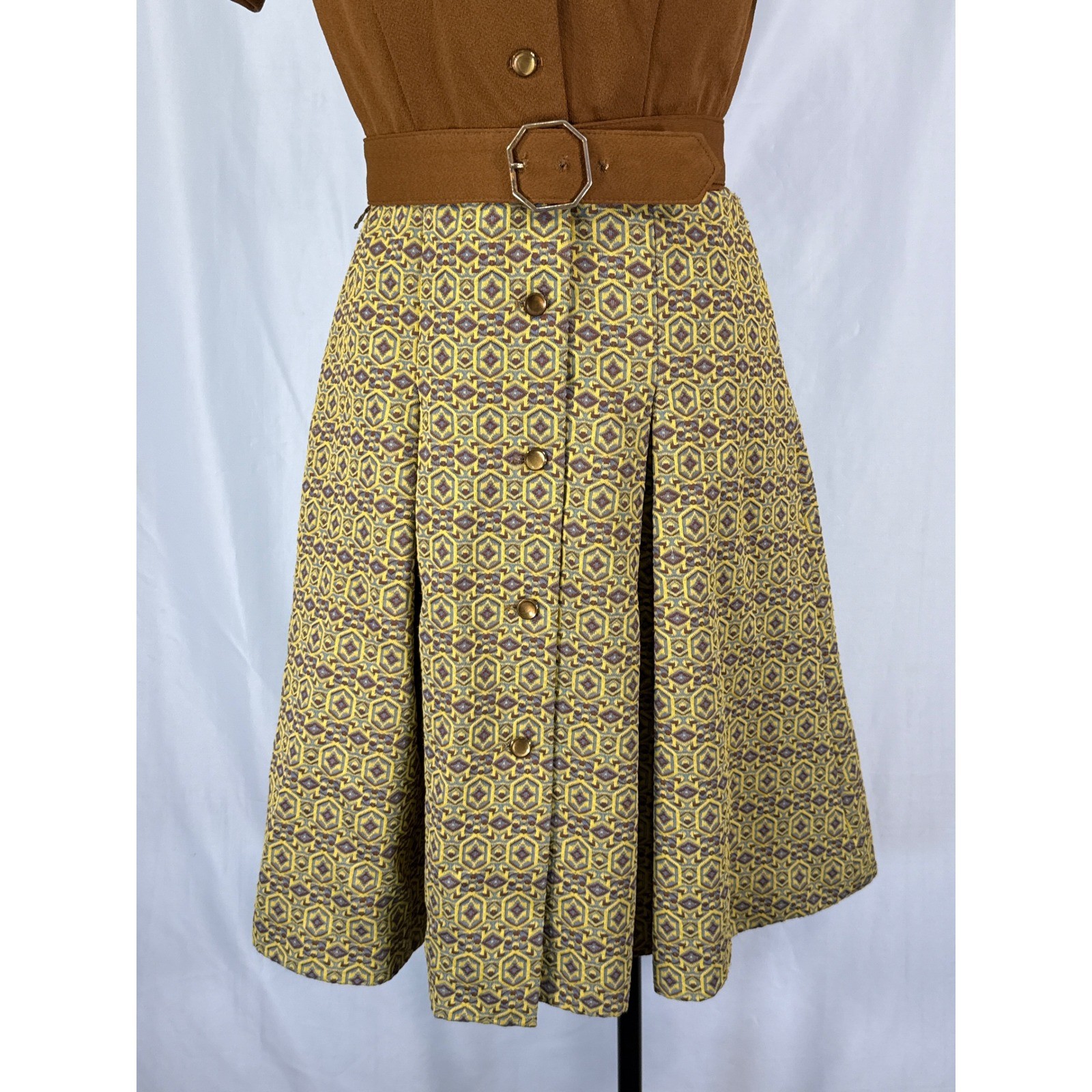 VTG 70s 100 Parkhouse Brown Geometric A-Line Mod Shirt Dress Belt Encron Knit M