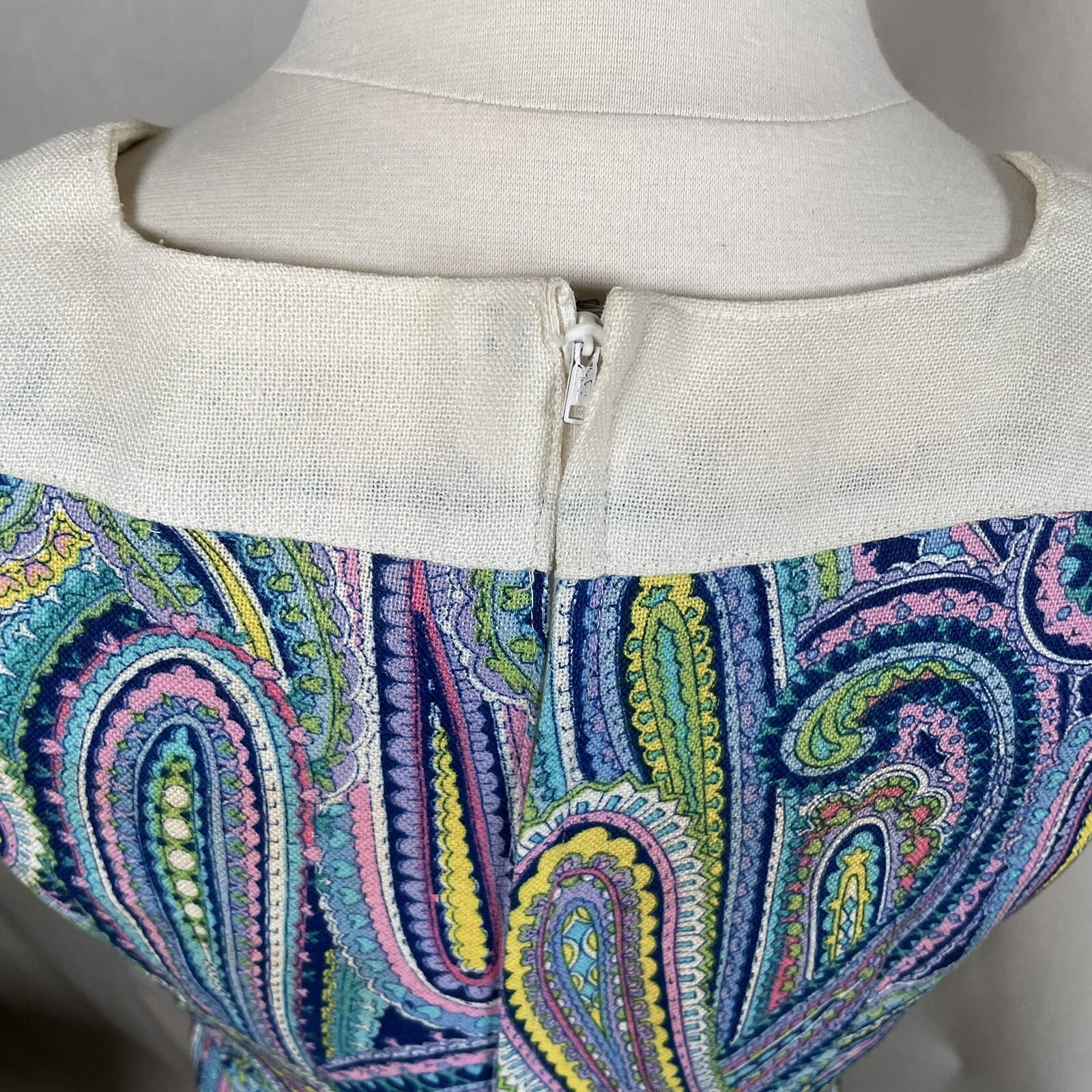 Paisley Shift Dress Vintage 1960s XS Sleeveless Blue Purple Yellow Handmade