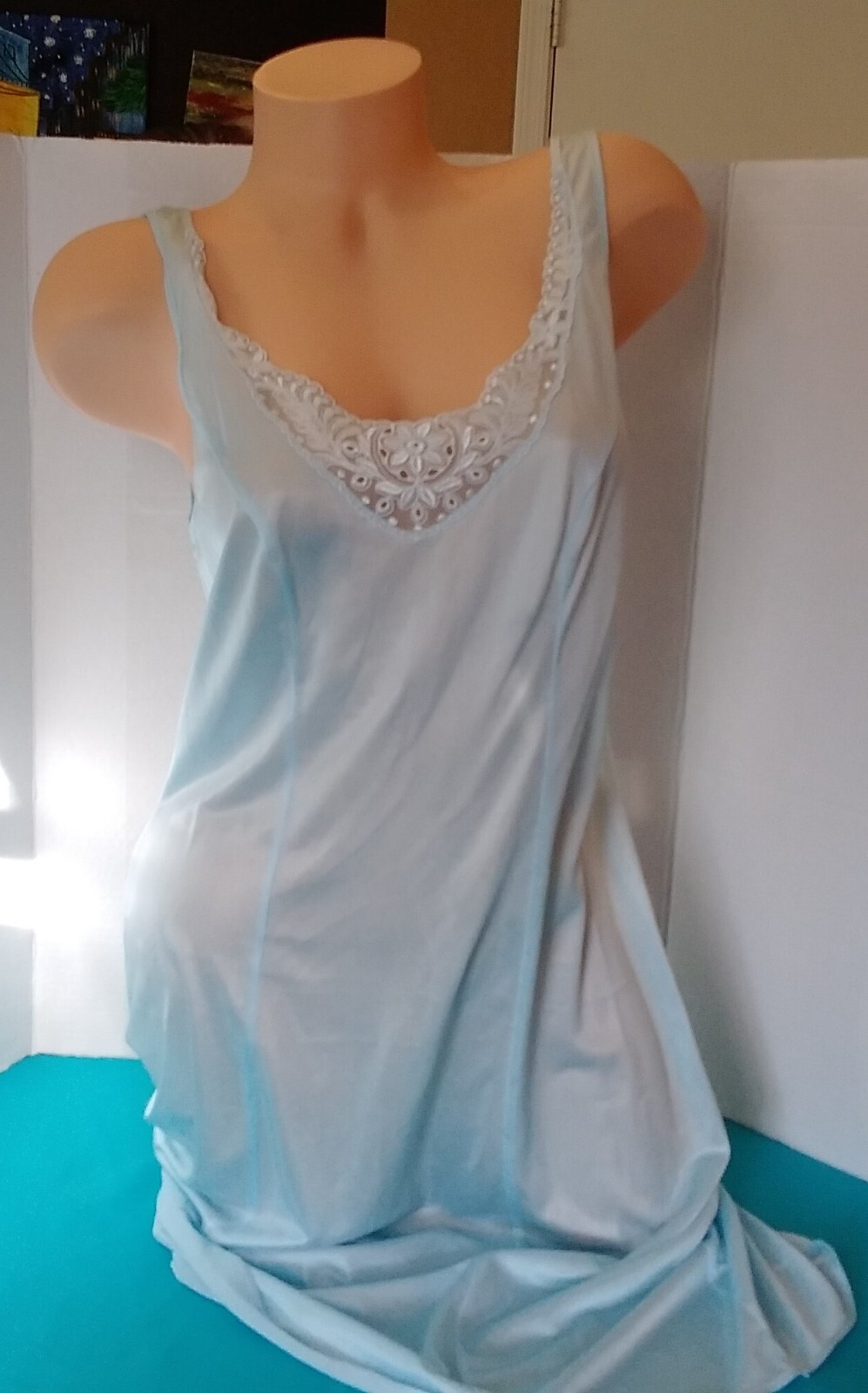 Vintage 60’s Full Slip Dress Chemise European Wide Strap Retro Blue Lace Trim L