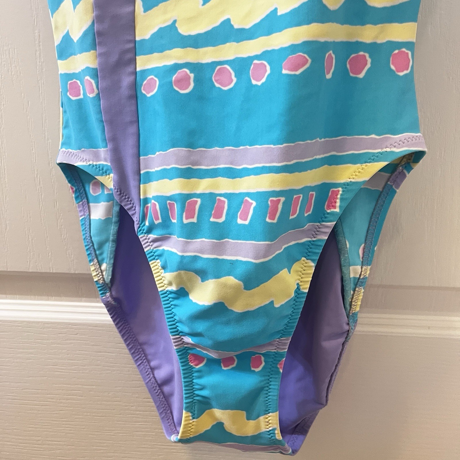 Vintage JAG One Piece Swimsuit Aqua Purple Pastel Abstract High Cut 80s Size 10