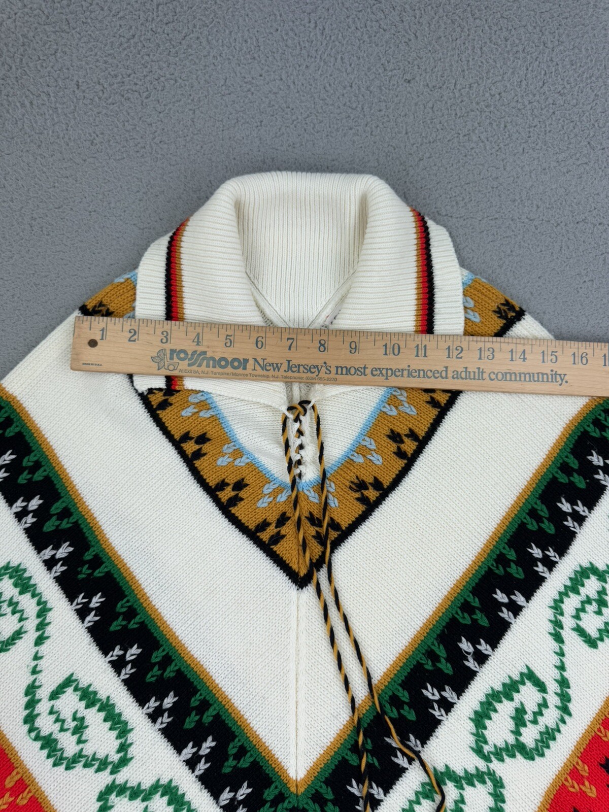 Vintage 70s Knitted Poncho Sweater Tassels Bohemian Hippie Pom Poms
