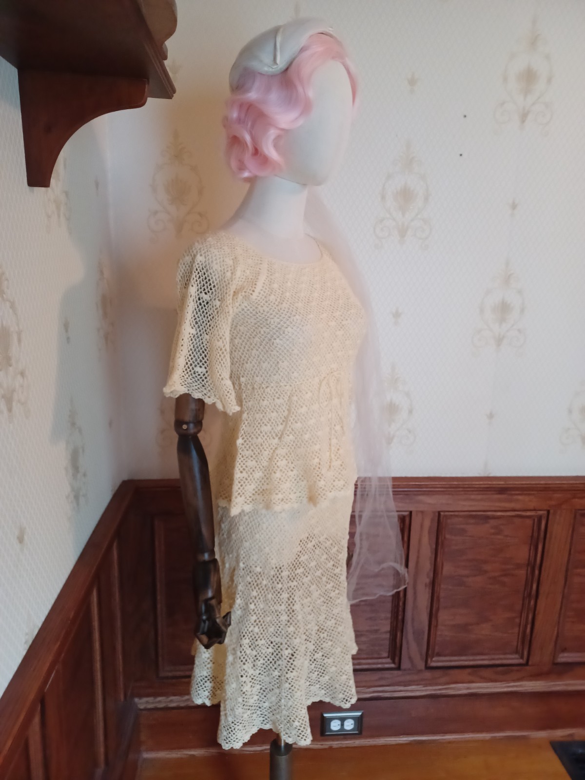 Vintage 1970s Boho/ Hippie/ Beach Wedding Ivory 2-piece Handmade Crochet Dress
