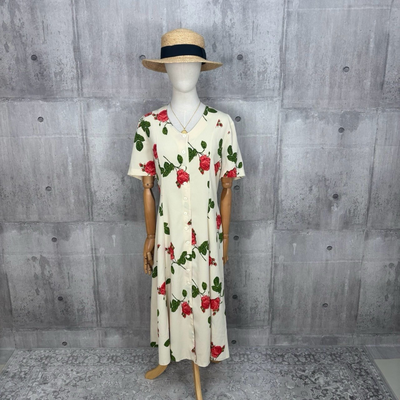 Vintage Ivory Red Rose Floral Maxi Dress Button Front Cottagecore Romantic 90s