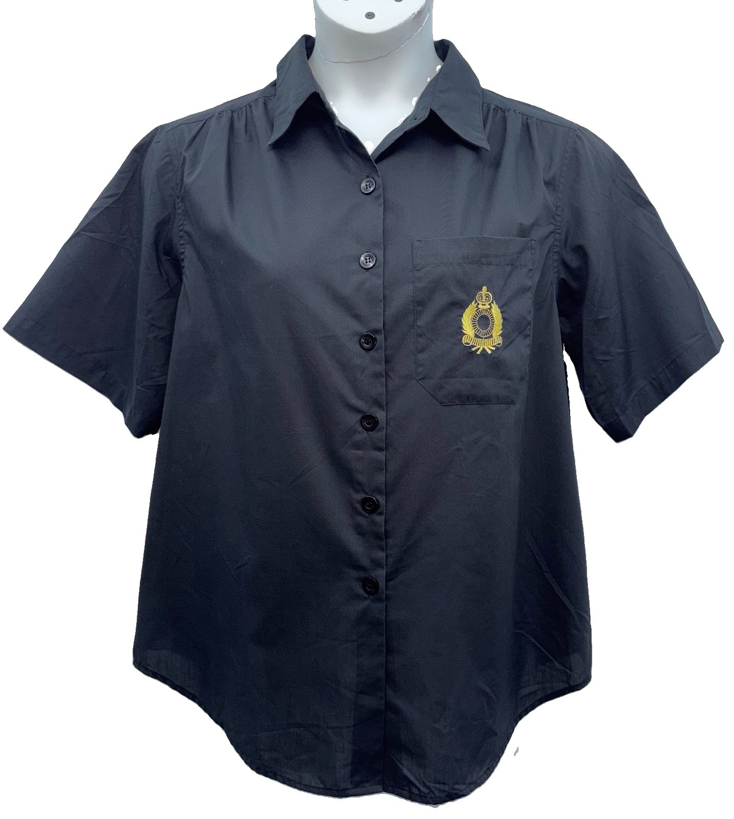 VTG Bridge Gate Women Size A8 Button Up Short Sleeve Top Black Embroidered Logo