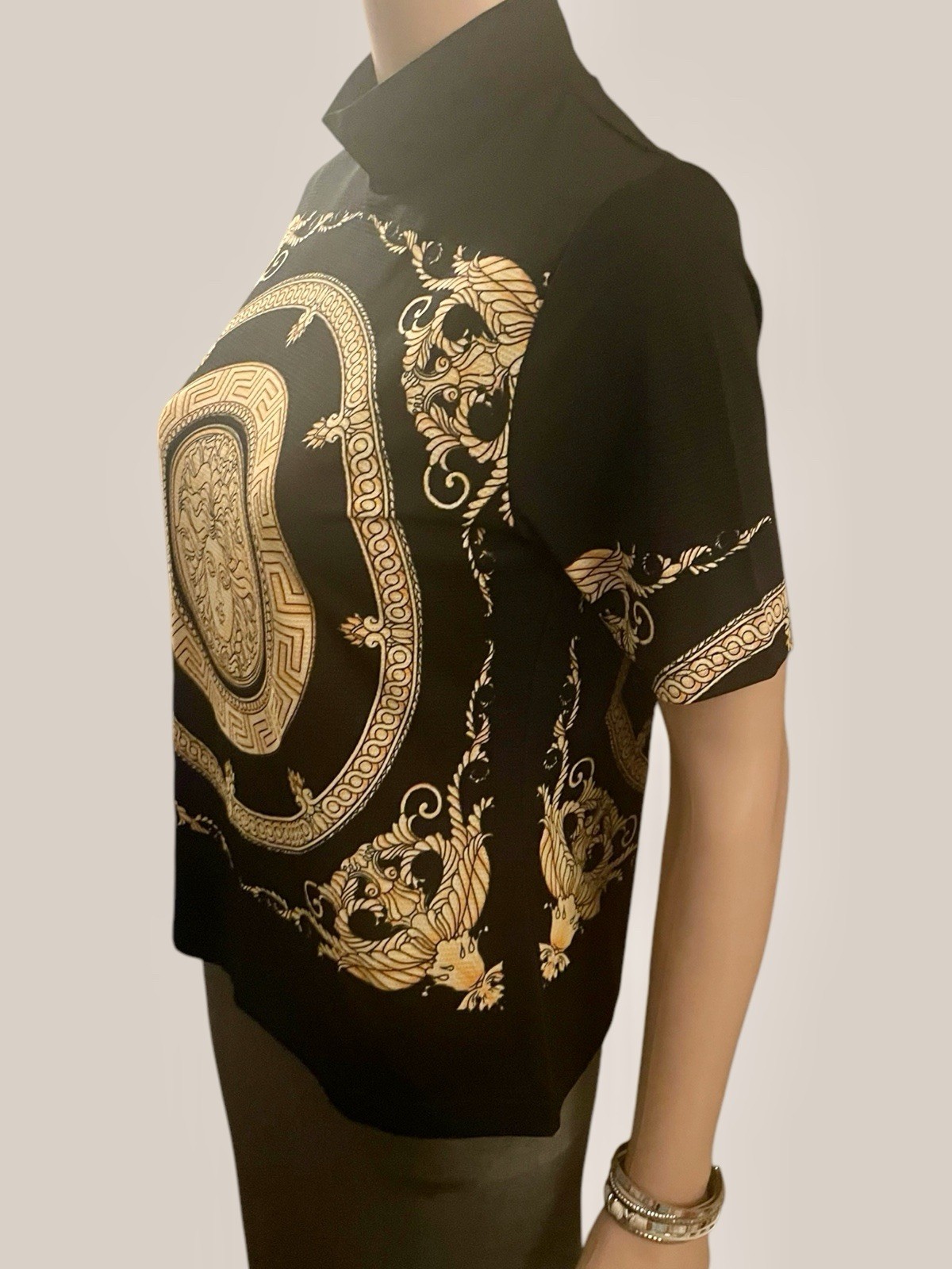 Vintage 90s Top Medusa Head Blouse Baroque Fitted T-Shirt Designer Black Gold M