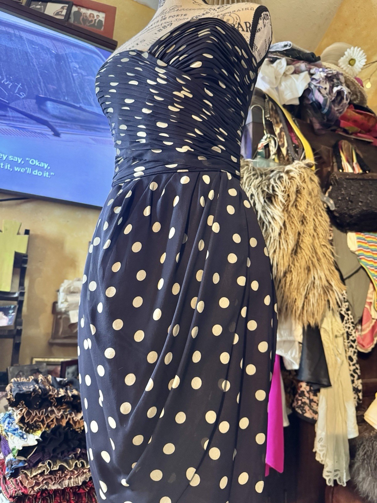 Vtg Kathryn Conover Polka Dot Navy Blue Strapless Bustier Silk Dress Ruched S M