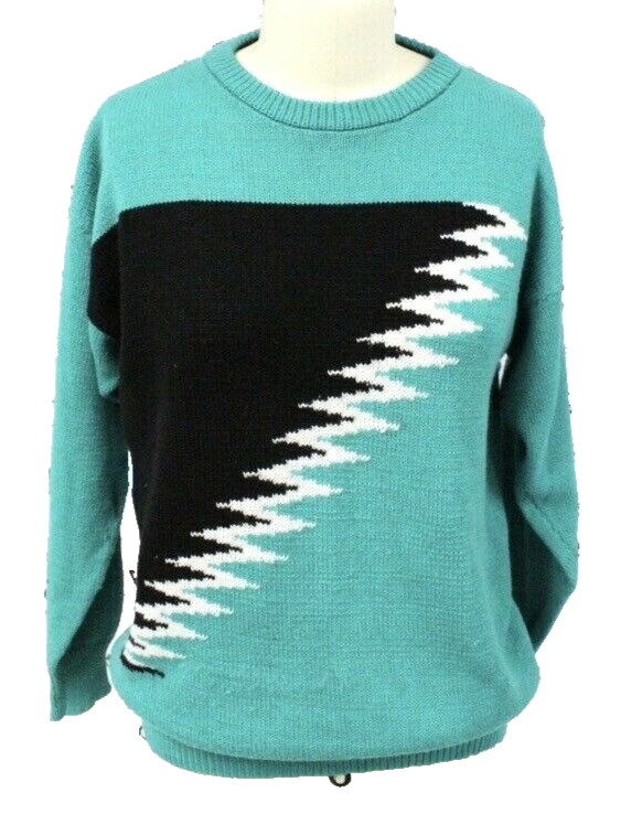 VTG 80s Green Black Lightning Bolt Intarsia Sweater Women M Retro Streetwear