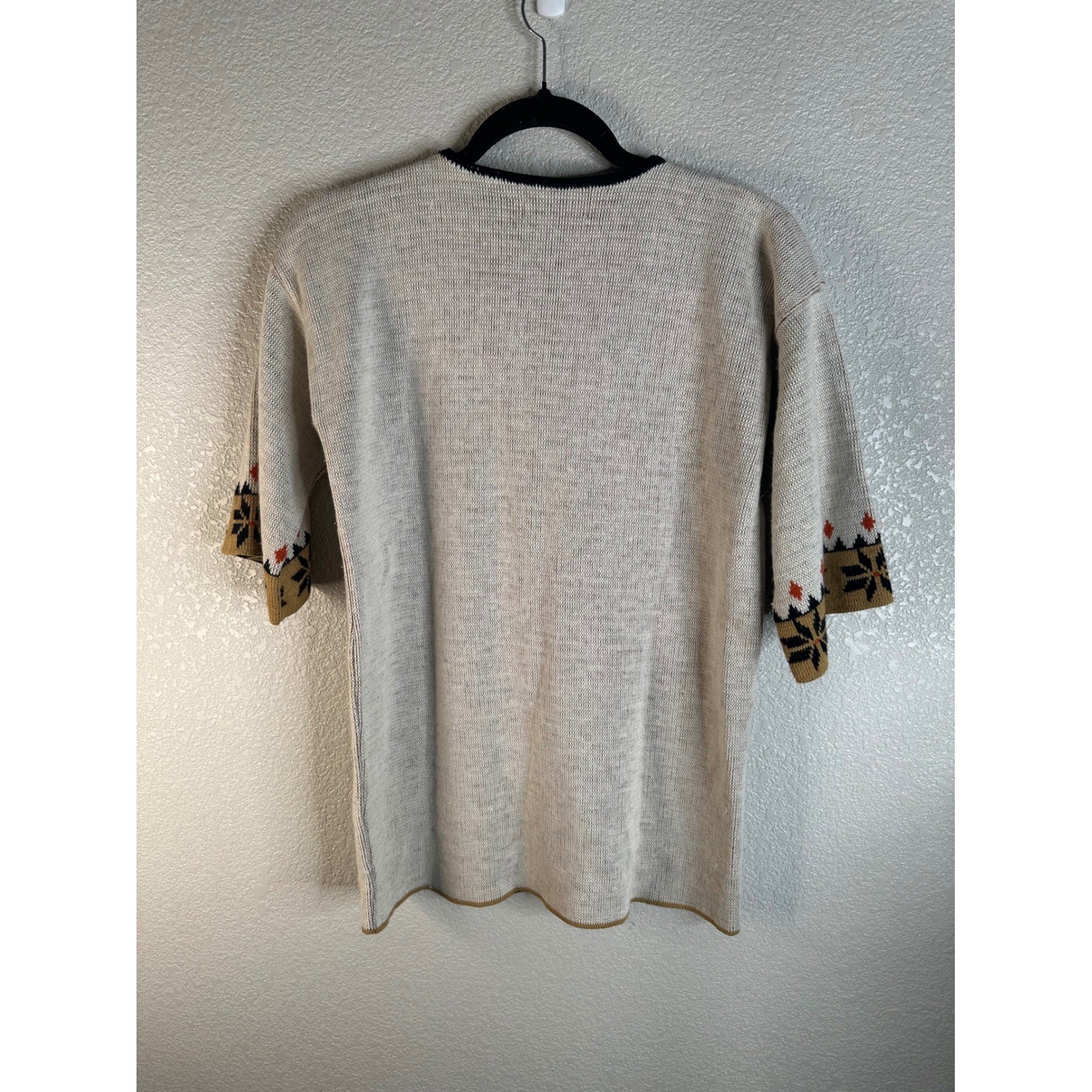 LeRoy Vintage Cream Geometric Fair Isle Square Neck Knit Sweater Top Size Medium