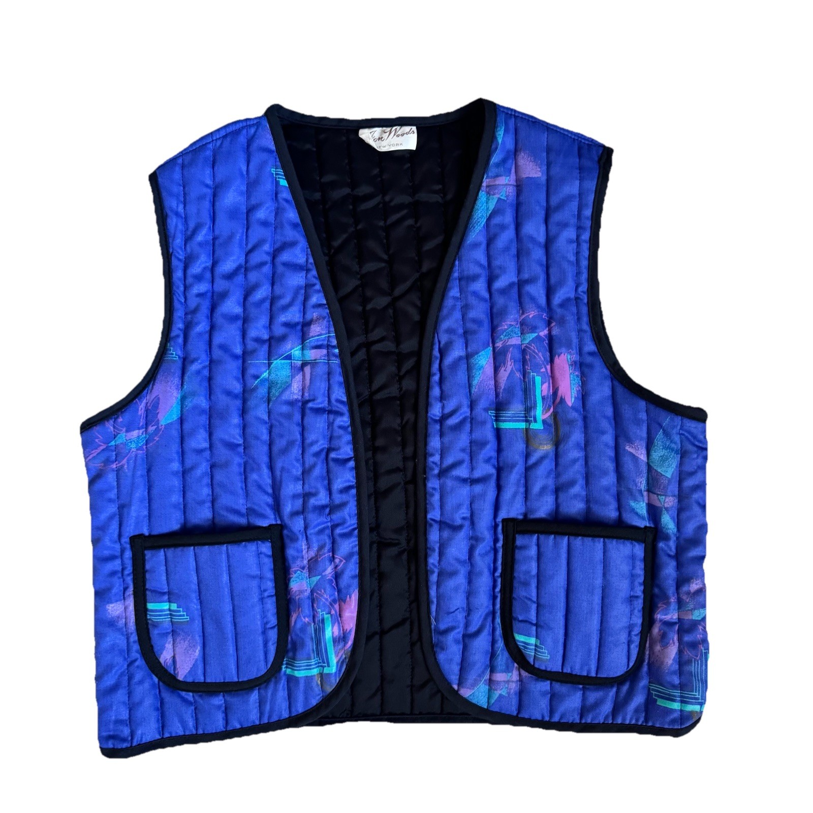 Vintage Jon Woods New York Quilted Vest Women’s Medium Blue Purple Abstract 80s