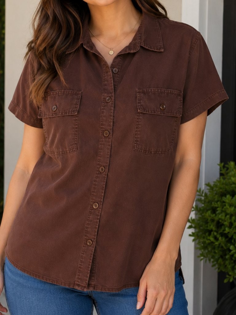 Handmade Vintage Brown Button-Up Blouse | Approx. Size Large | Made by My Nana