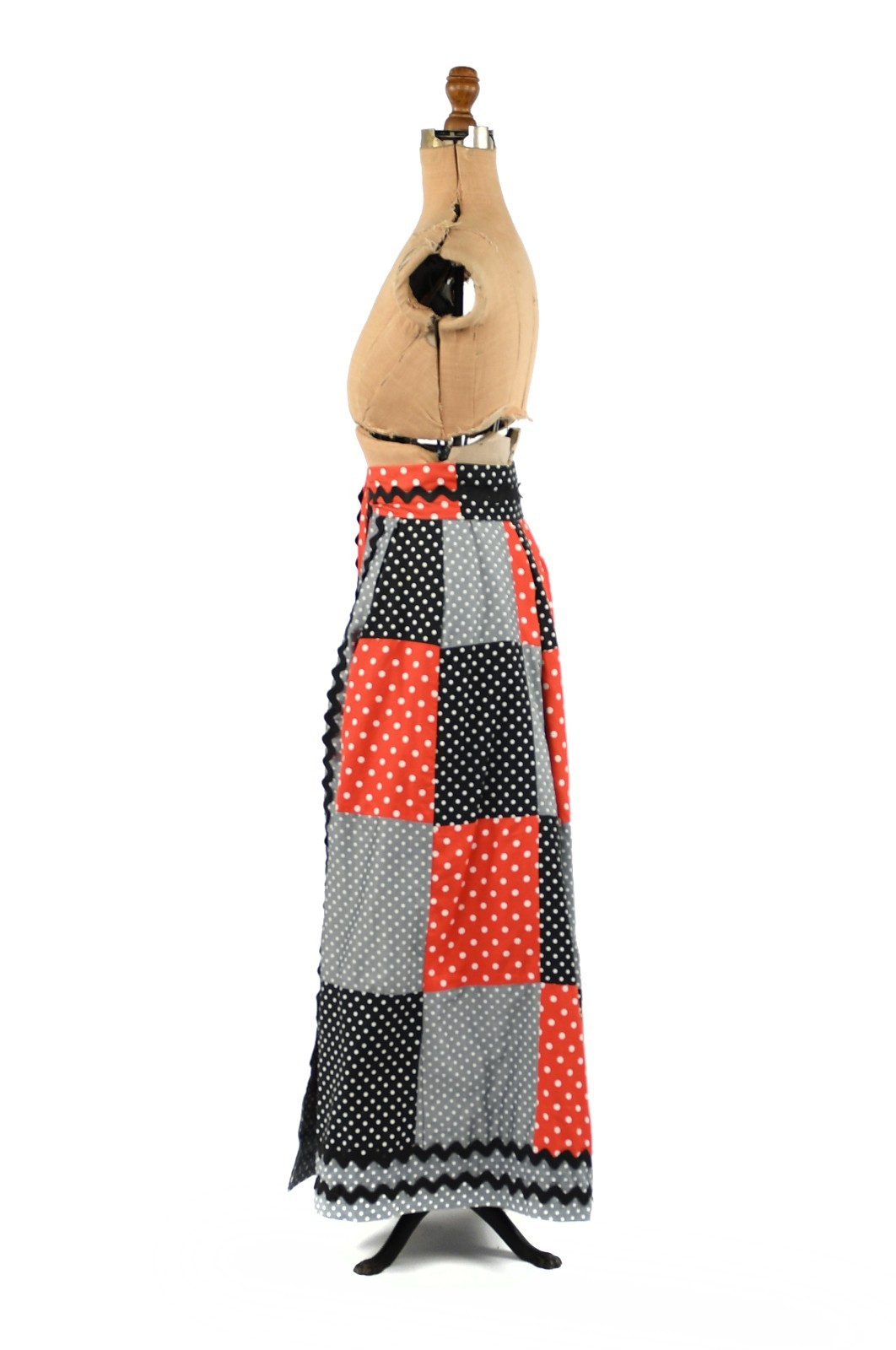Vintage 70s Polka Dot Patchwork Wrap Maxi Skirt Red Black Gray Ric Rac Trim M