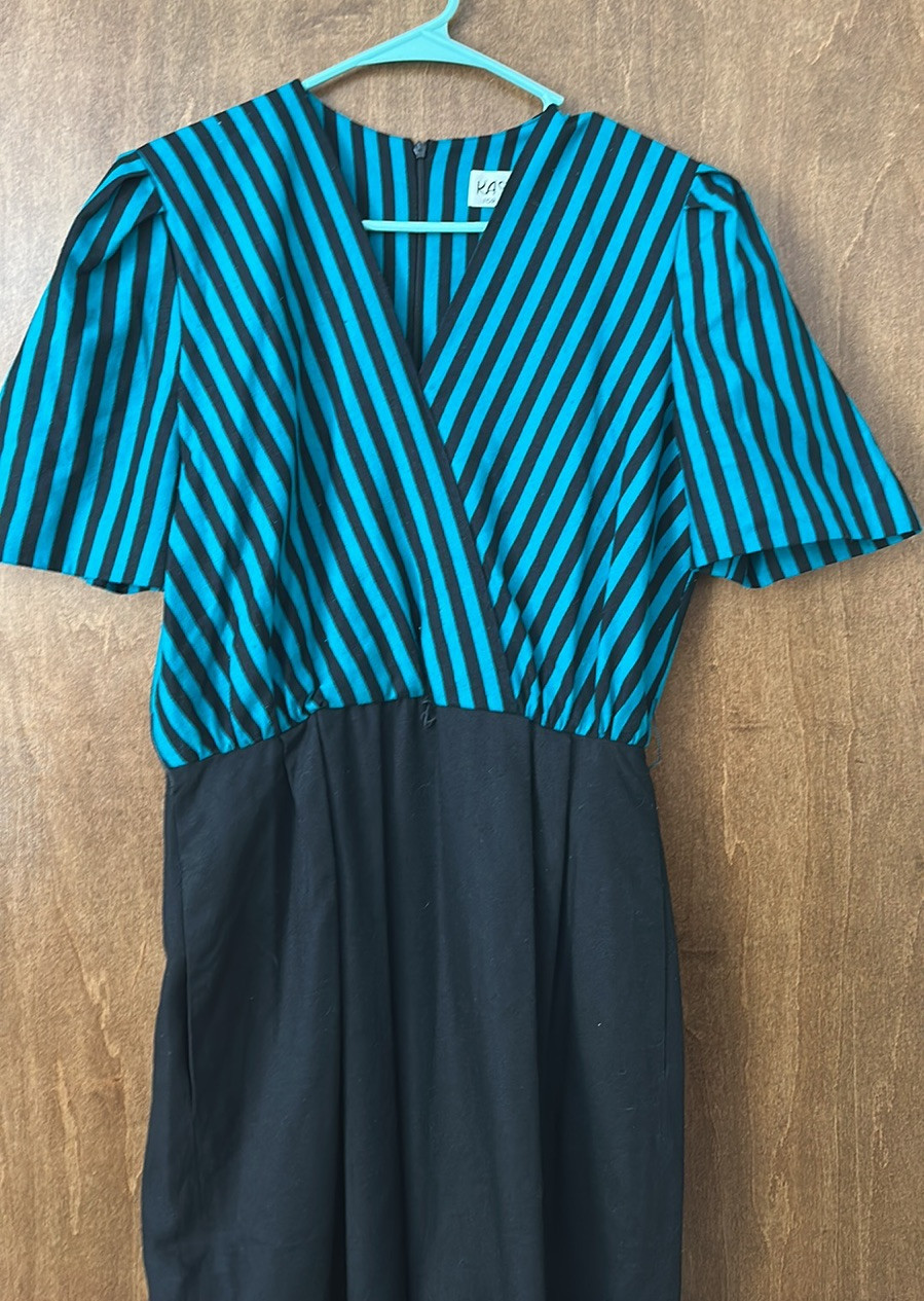 Vintage Kasper for A.S.L. 100%Silk Striped Teal & Black Dress with Matching Coat