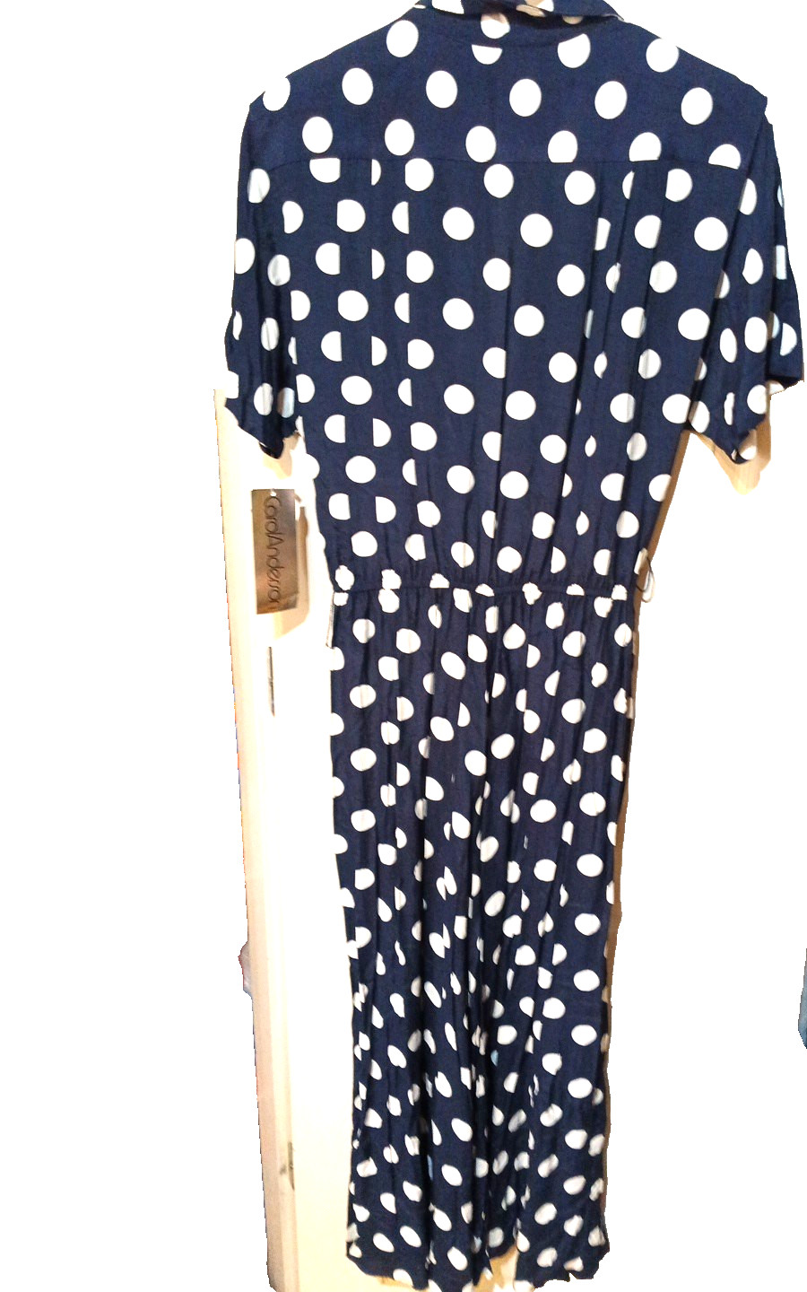 New 14 fit 10 vintage 80s NAVY BLUE white polka dot Midi SHIRT DRESS pockets NWT
