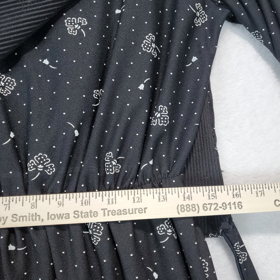 Vtg 70s Laurel Ridge Black Floral Midi Dress Smocked Overlay Top A Line Sz 15/16
