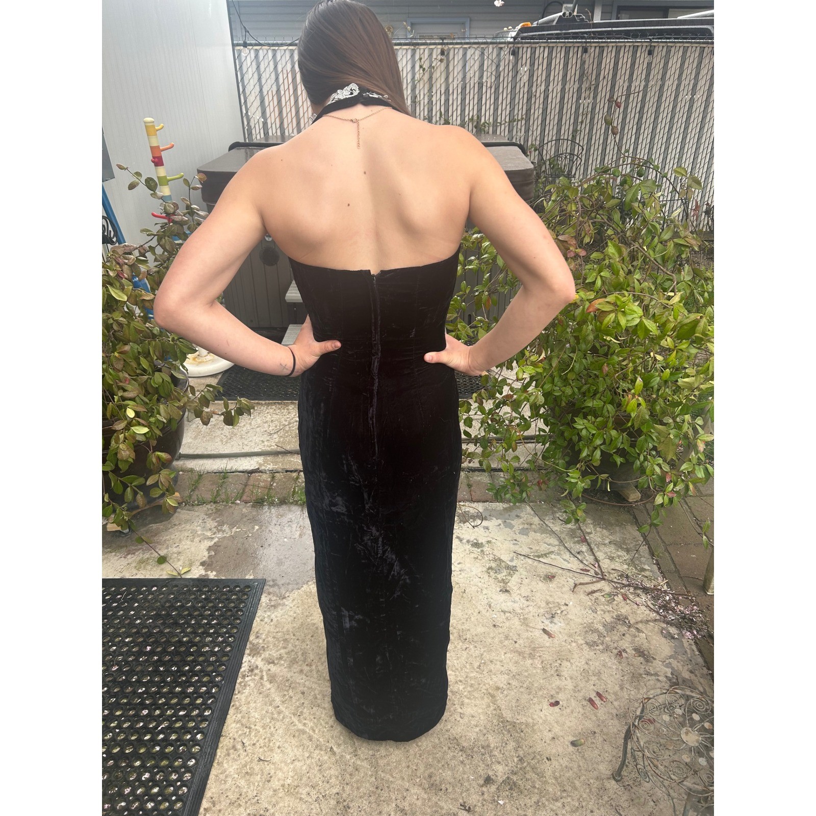 Y2K L.A. Glo Vintage Black Velvet Halter Gown Lace Neckline Slit Prom Dress 7/8