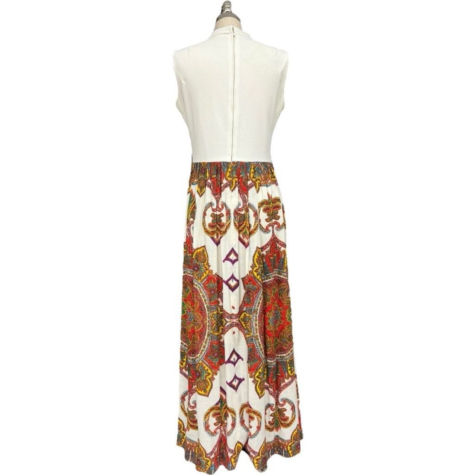 Vintage Mod Maxi Dress White Top Multicolor Paisley Skirt Sleeveless 70s Hippy