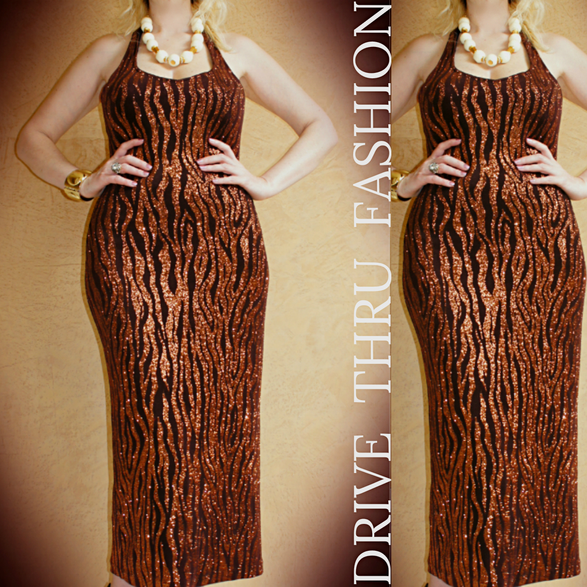 Vtg 90 METALLIC Brocade Animal Stripes Evening Cocktail Wedding MAXI Dress Gown