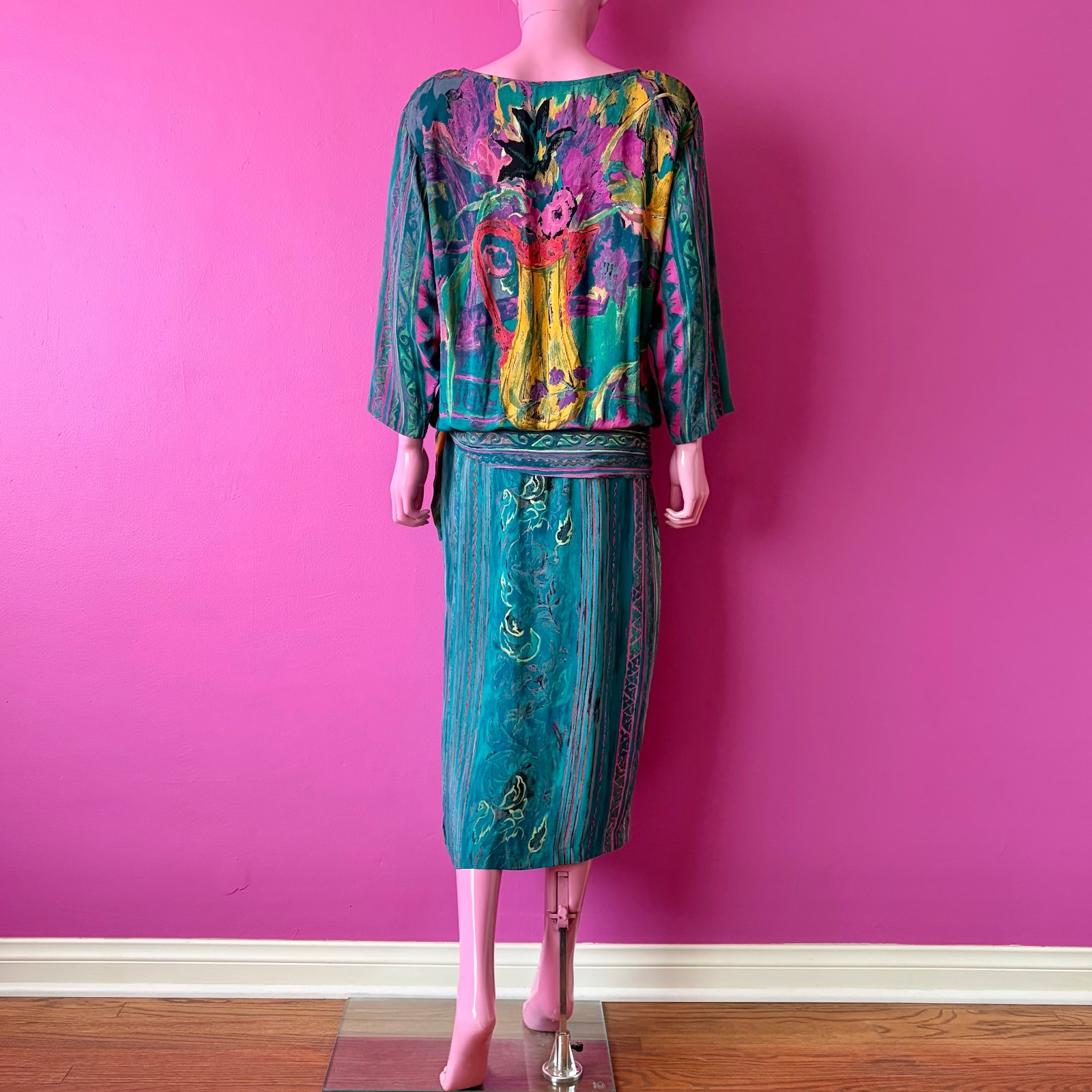 Vintage 80s 8 Midi Dress Dropwaist Teal Multi Abstract Floral Sash Long Sleeves