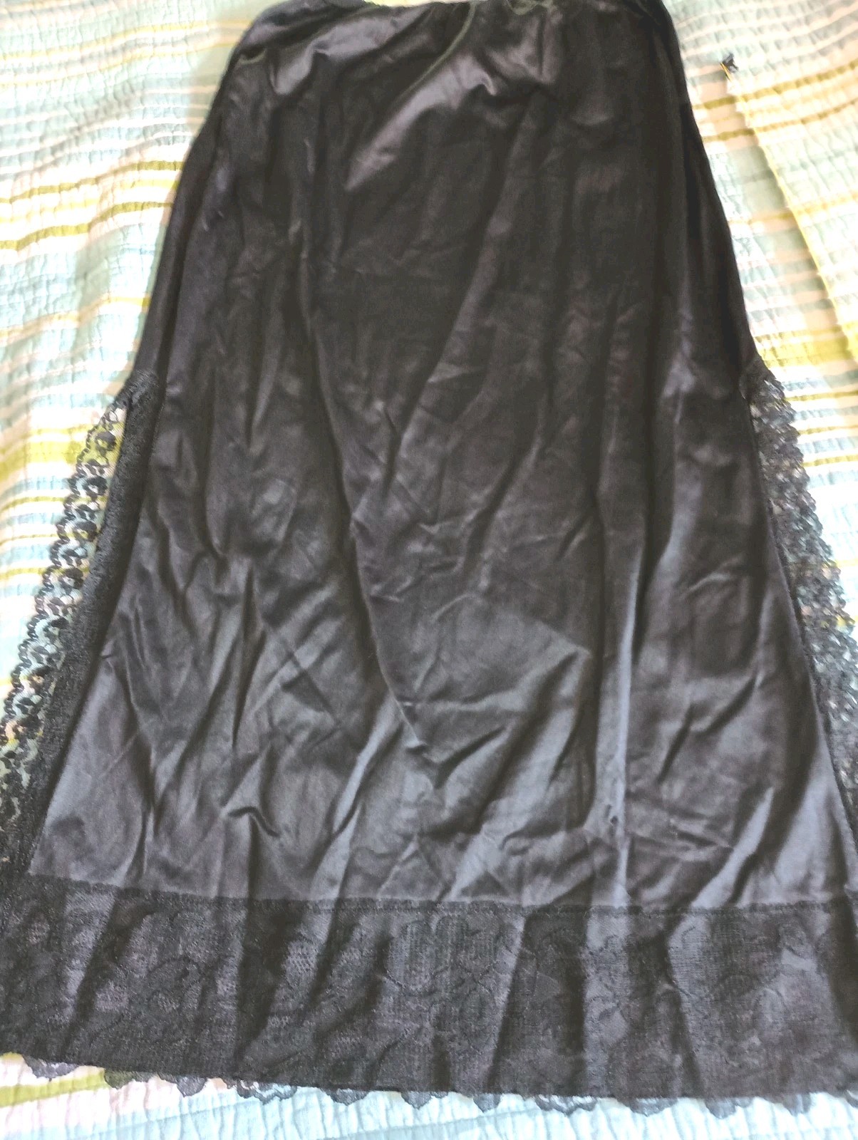 Vtg Opalair DuPont’s Black Satin Lacetrim Double Side Slits Size S