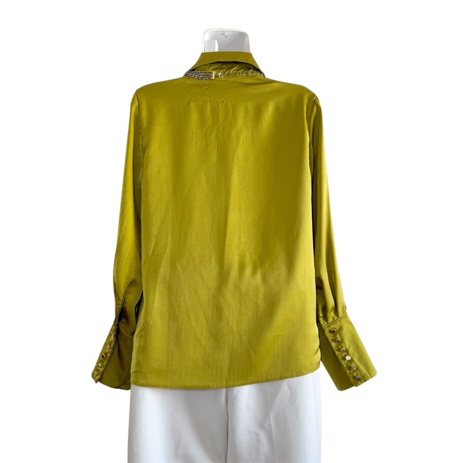 Vintage Mustard Yellow Satin Blouse Oversized Collar Chain Detail Size Small