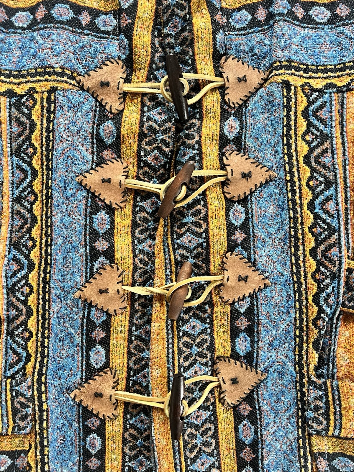 1970s Coat Colorful Tapestry Carpet Jacket Belt Toggle Button Amazing Aztec