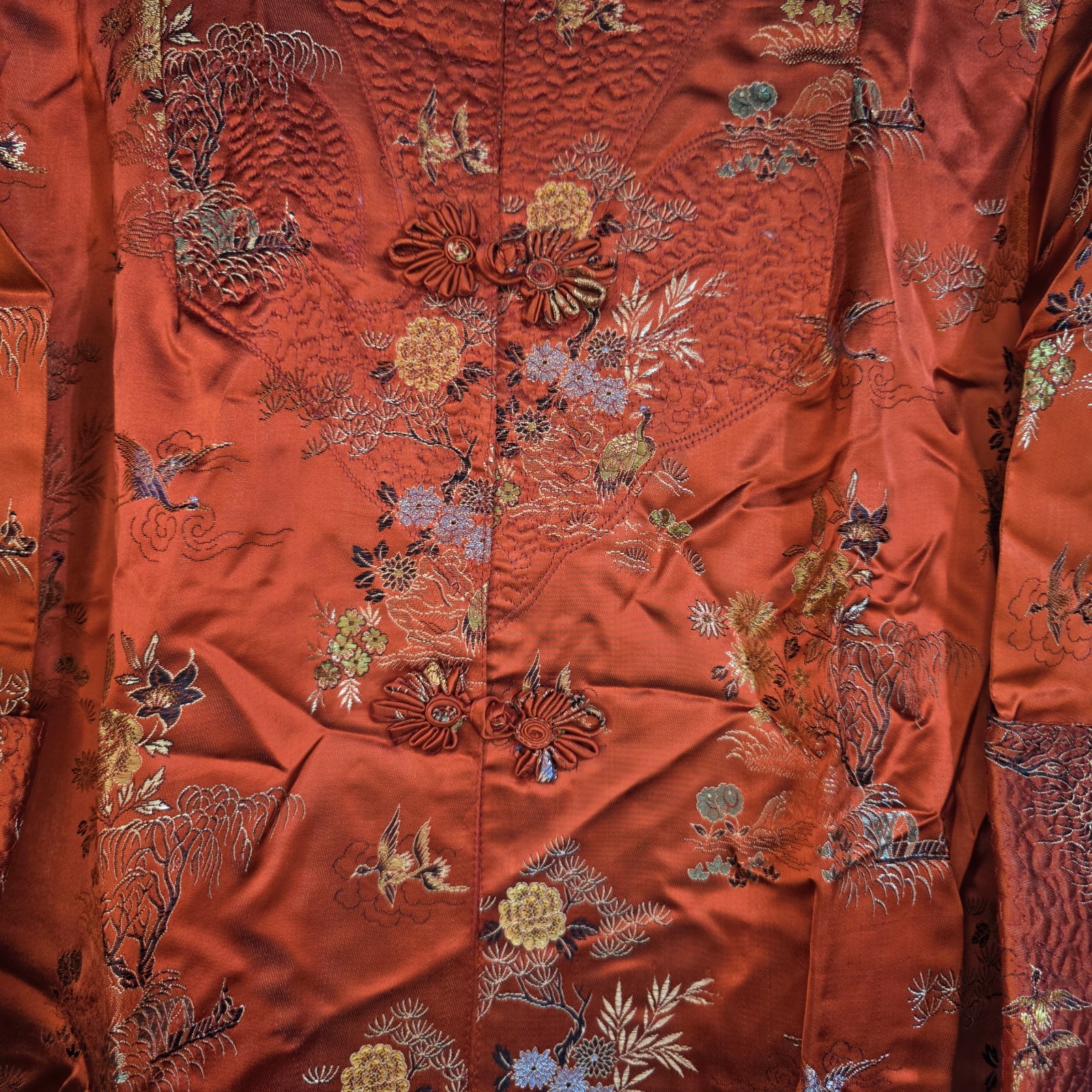Vintage Red Chinese Embroidered Long Dress Coat Women’s Small Brocade Satin