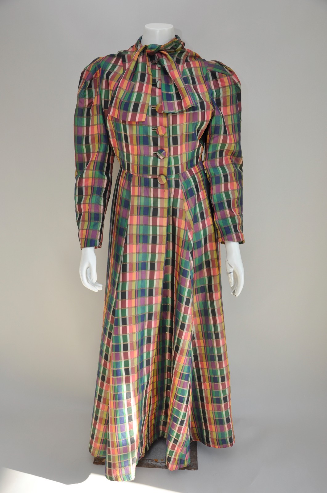 Vintage 1930s RARE Rainbow Silk Plaid Coat Mutton Sleeves Full Skirt Fancy Party