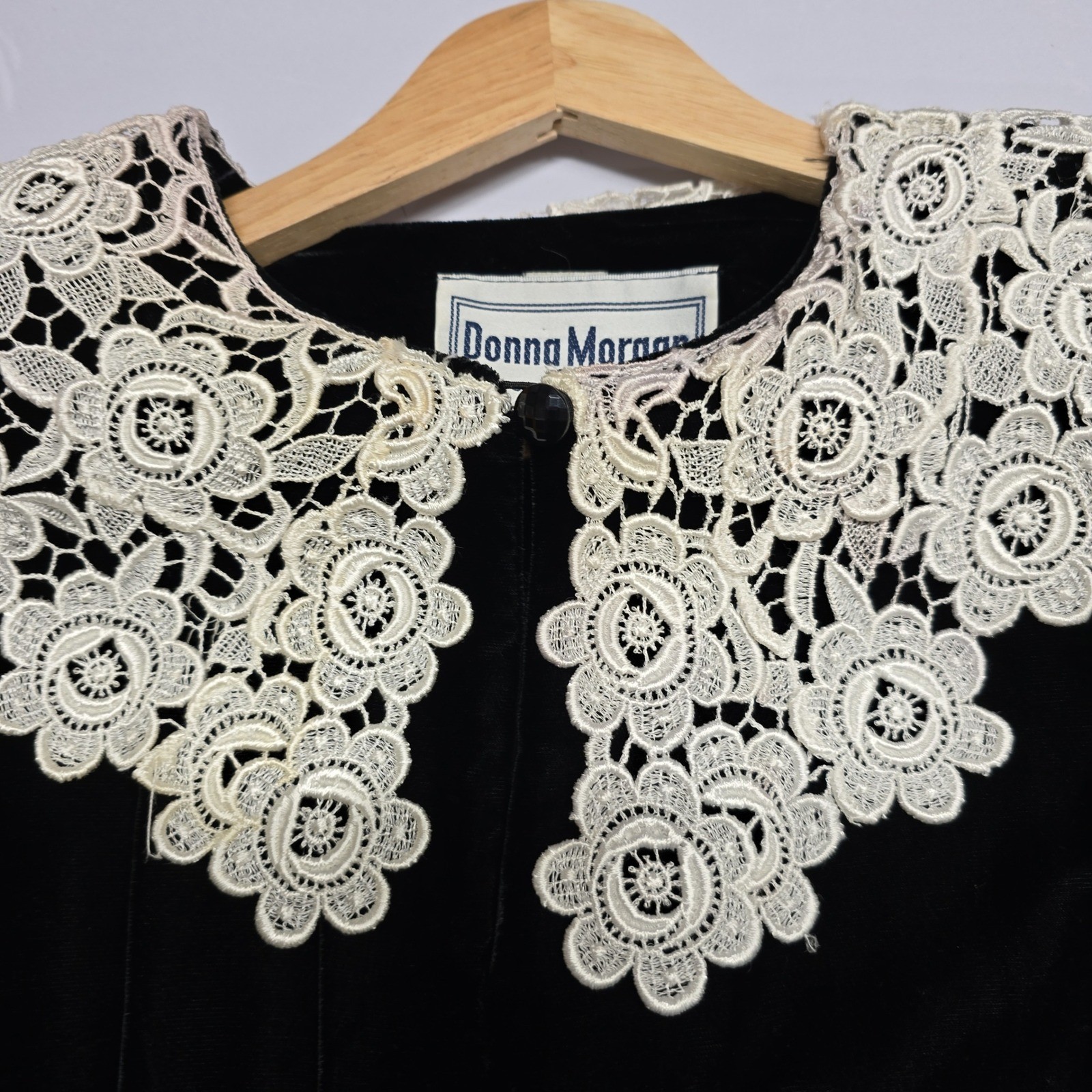 Donna Morgan Vintage Black Velvet Lace Collar Maxi Dress Made in USA Size 8